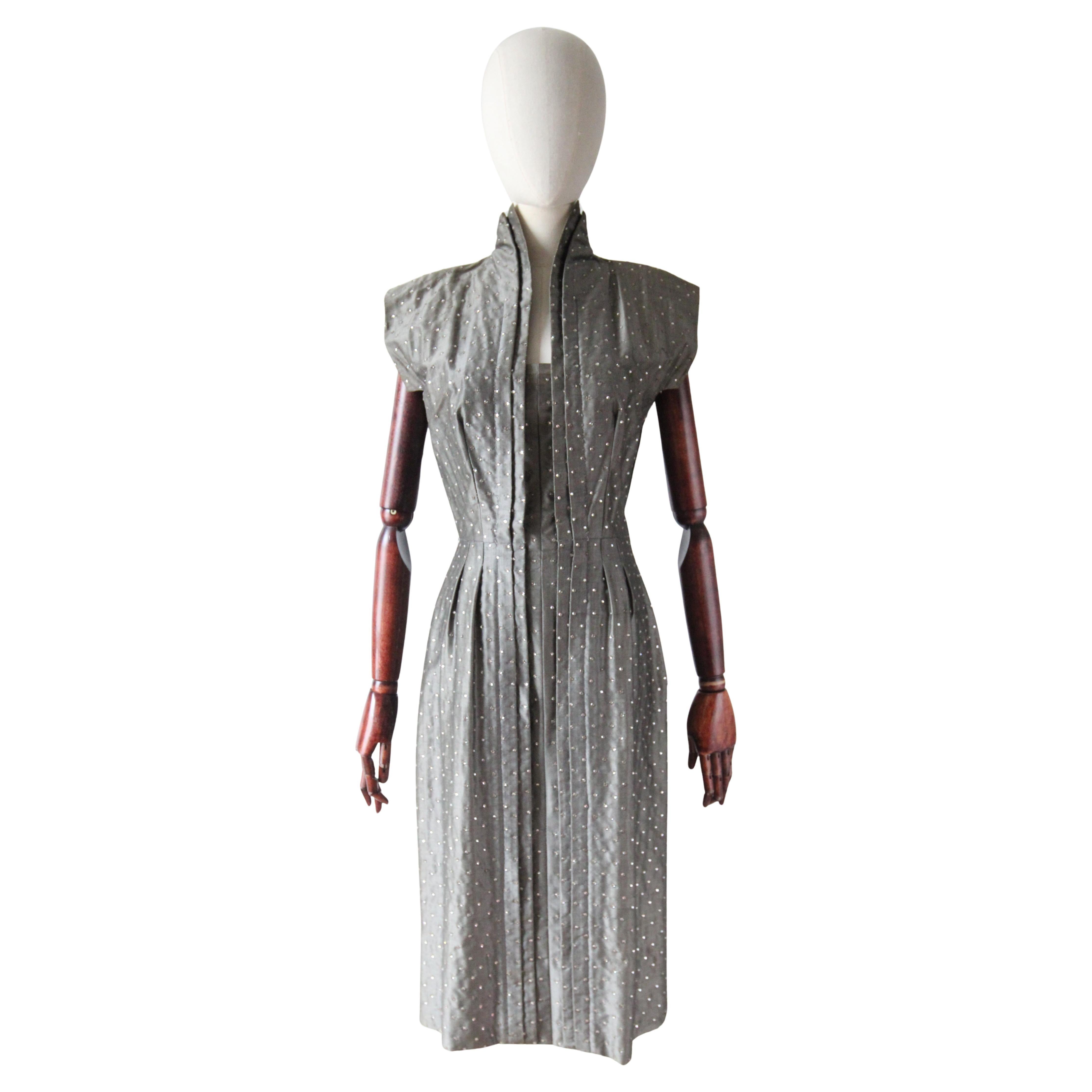 Vintage 1940's Pauline Trigère Grey Silk Rhinestone Embellished Dress UK 8 US 4 For Sale