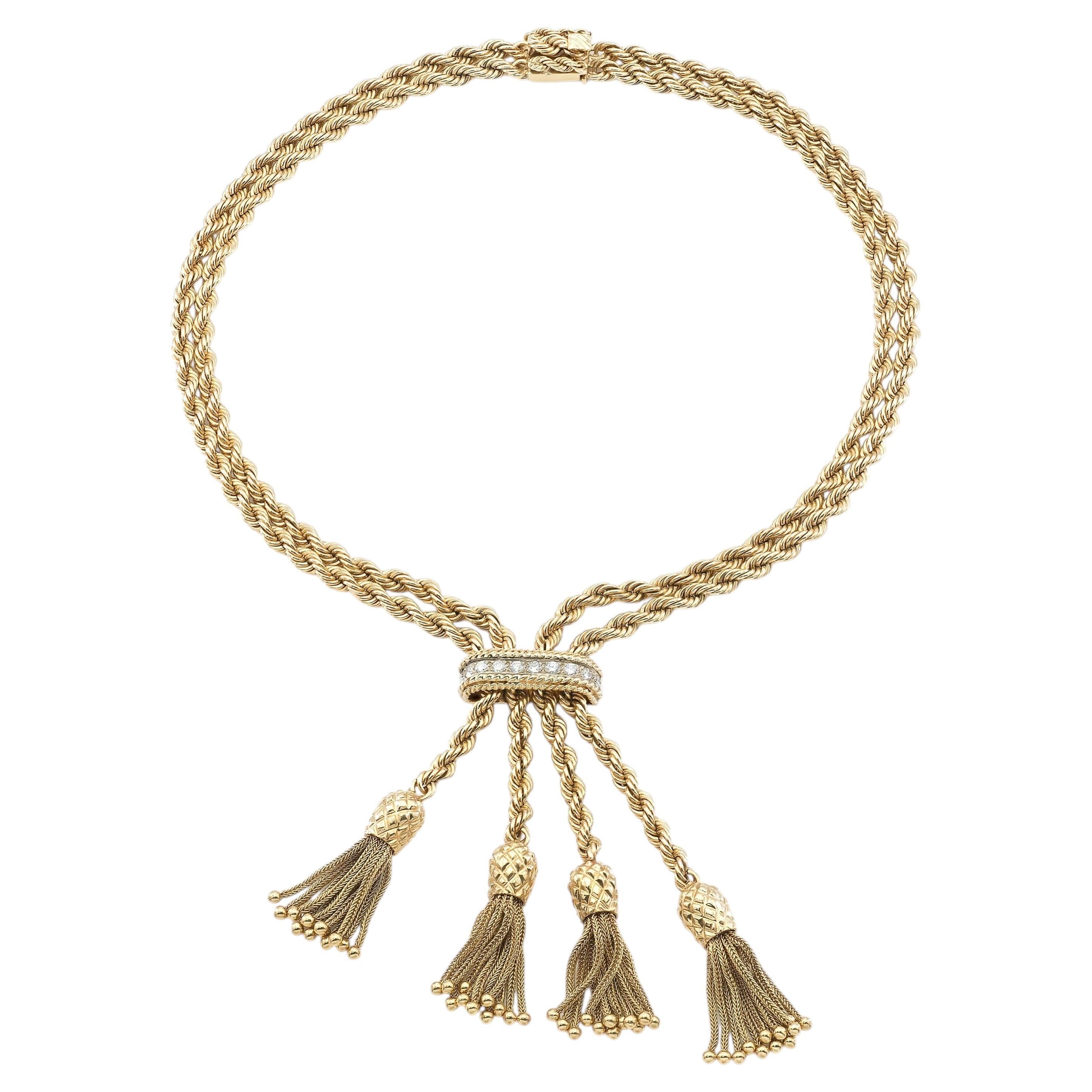 Vintage 1940s Ananas Tassel Rope Chain Necklace with Diamonds (Collier de chaîne en corde avec ananas et diamants)