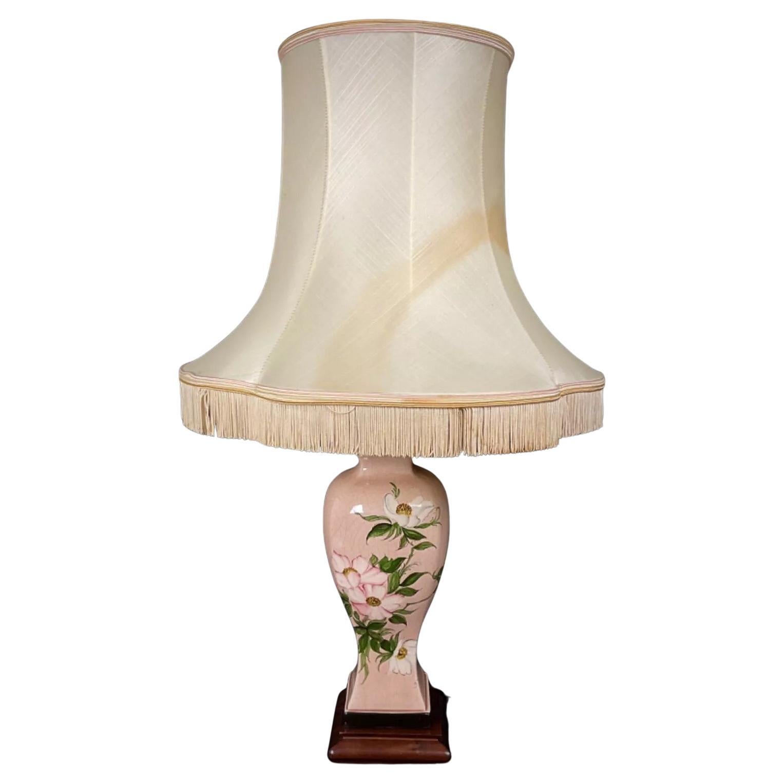 Vintage 1940s Pink Ceramic Table Lamp with Floral Shade - 2Y463 For Sale