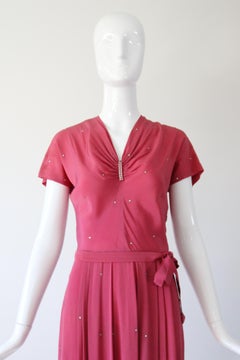 Vintage 1940's Pink Cocktail Dress Rhinestone Silk Dress UK 10 US 6