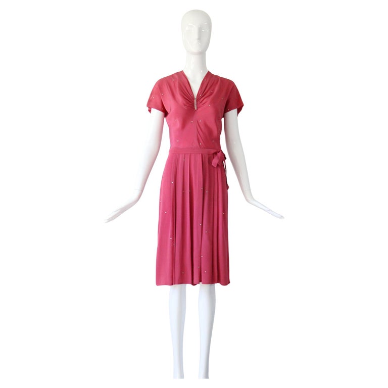 Vintage 1940's Pink Cocktail Dress Rhinestone Silk Dress UK 10 US 6