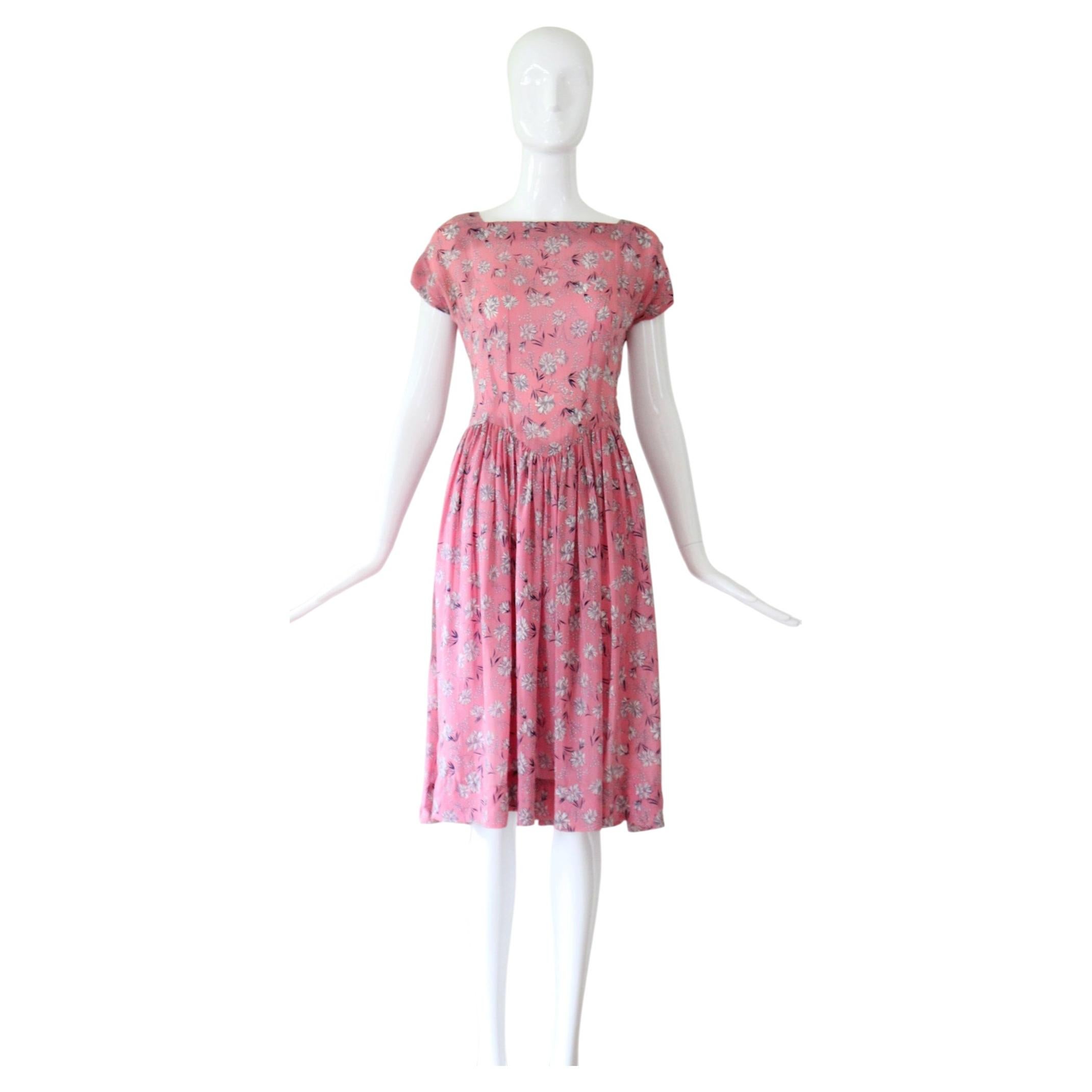 Vestido de día vintage de los años 40, rosa con estampado floral, de seda. Talla 4 de EE. UU., 8 del Reino Unido.