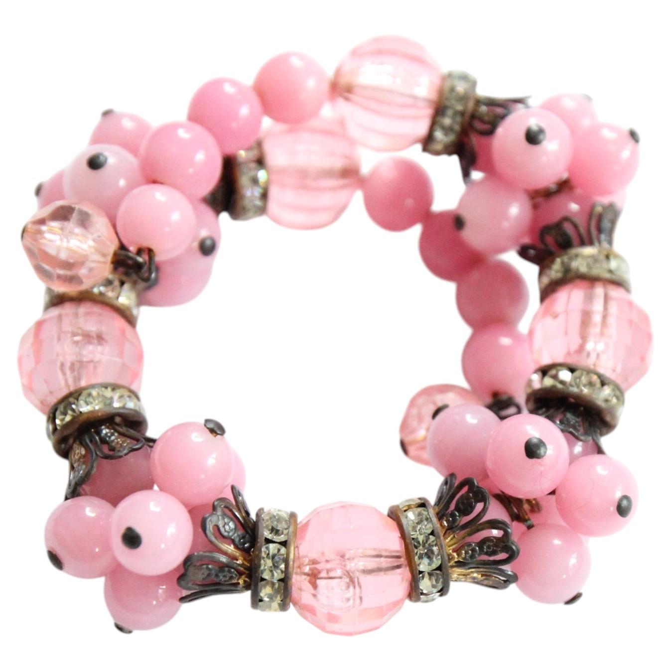 Pulsera vintage de los años 40 con cuentas de cristal rosa y strass