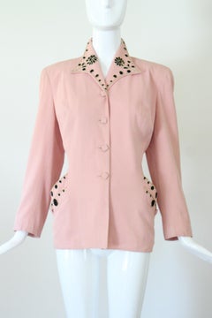 Vintage 1940's Pink Jacket Black Floral Beaded Blazer US 8 UK 12