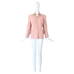 Vintage 1940's Pink Jacket Black Floral Beaded Blazer US 8 UK 12