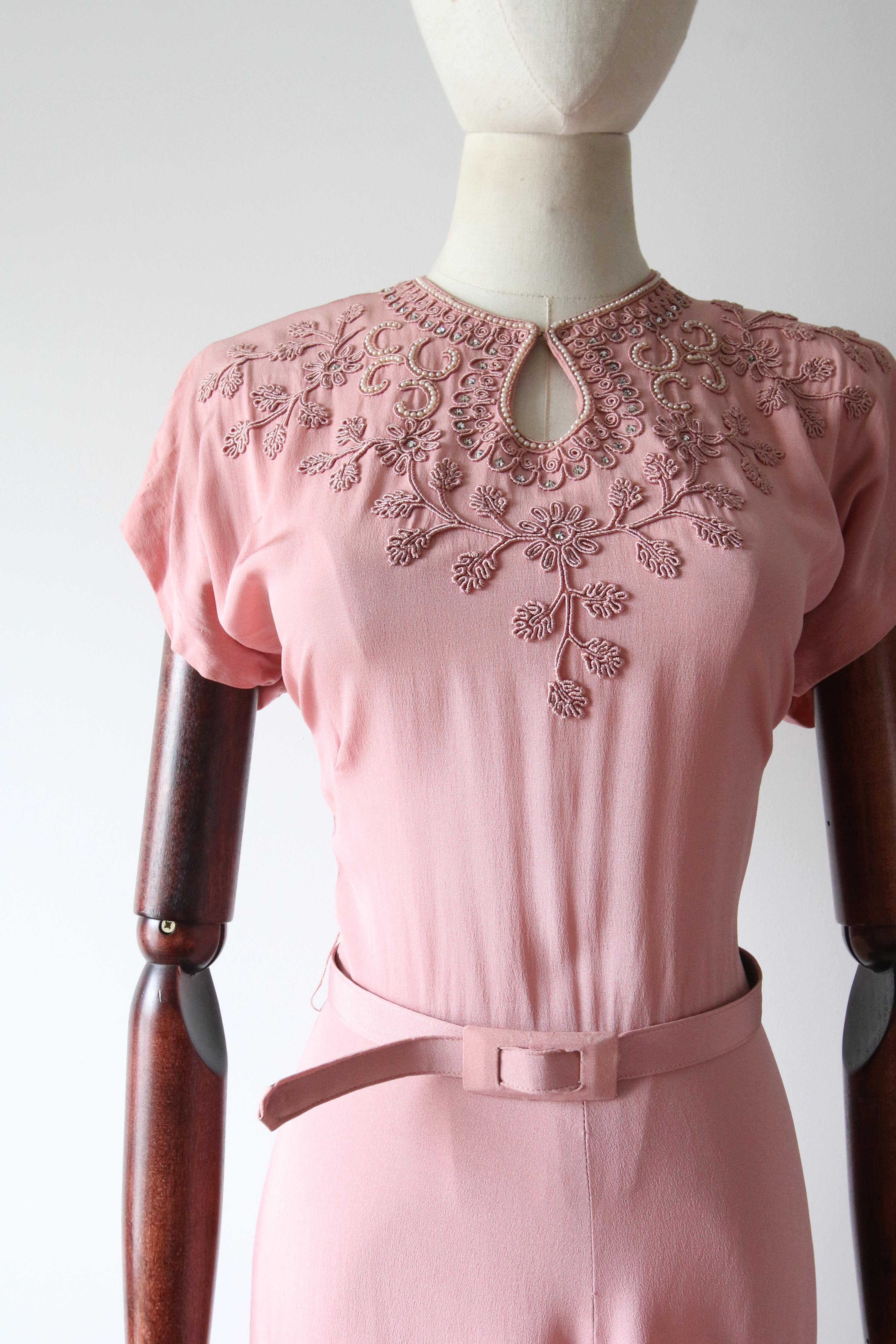 Women's Vintage 1940's Pink Silk Evening Dress Beaded Pearl Floral Dress UK 8 Us 4 For Sale