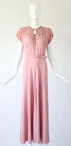Vintage 1940s Pink Silk Evening Gown Blush Silk Soutache Gown US 4 UK 8