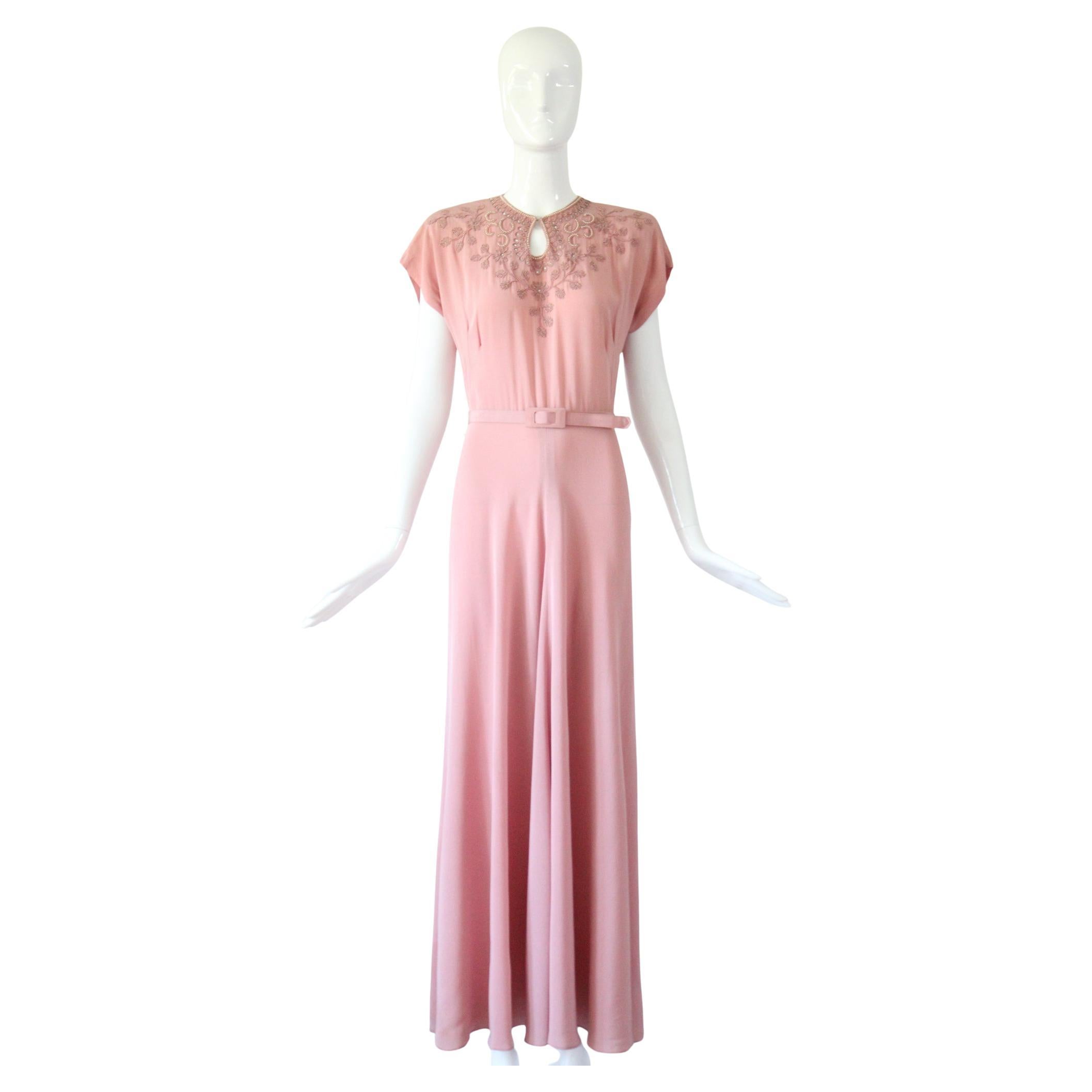 Vintage 1940s Rosa Seide Abendkleid Blush Seide Soutache Kleid US 4 UK 8
