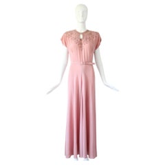 Vintage 1940s Pink Silk Evening Gown Blush Silk Soutache Gown US 4 UK 8