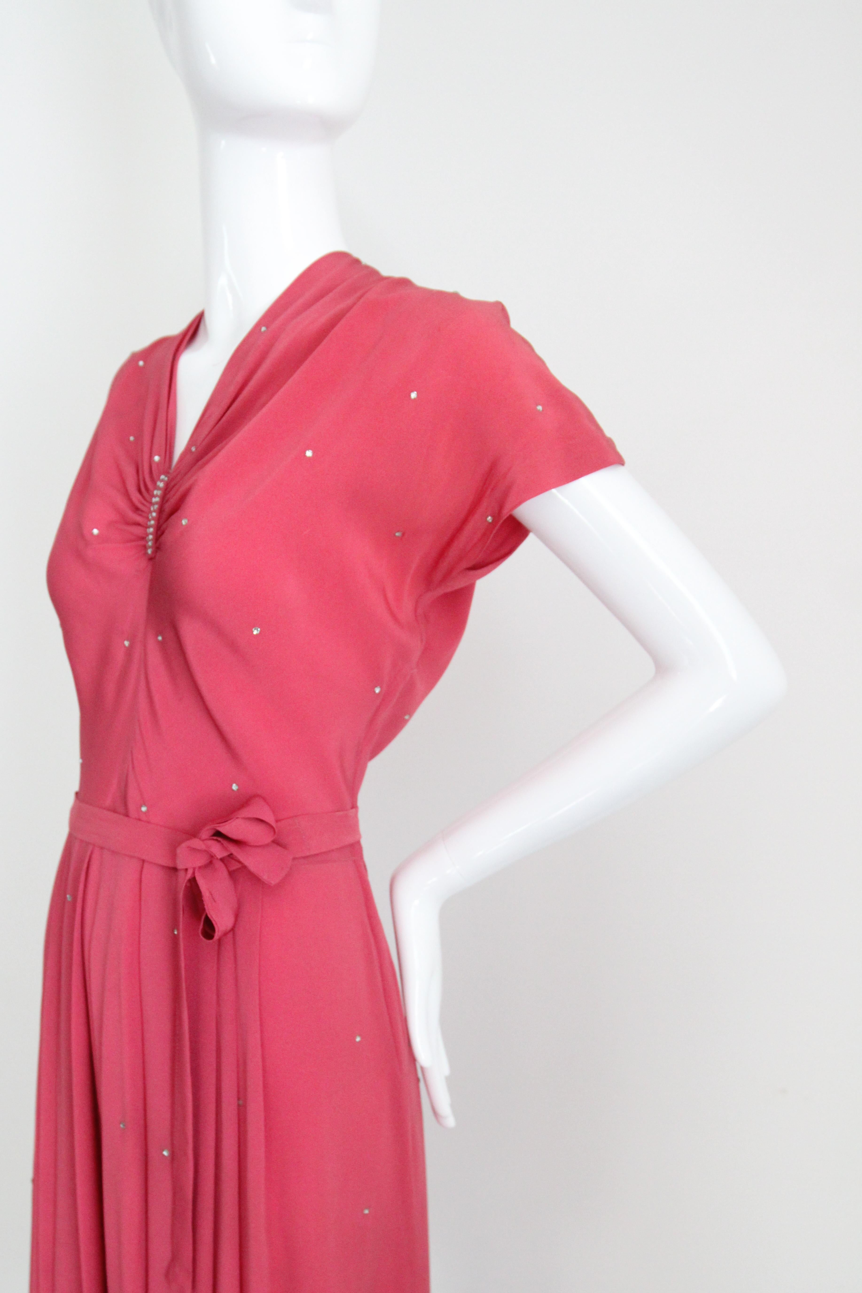 Vintage 1940's pink silk rhinestone embellished dress 1940's cocktail UK 10 US 6 For Sale 3