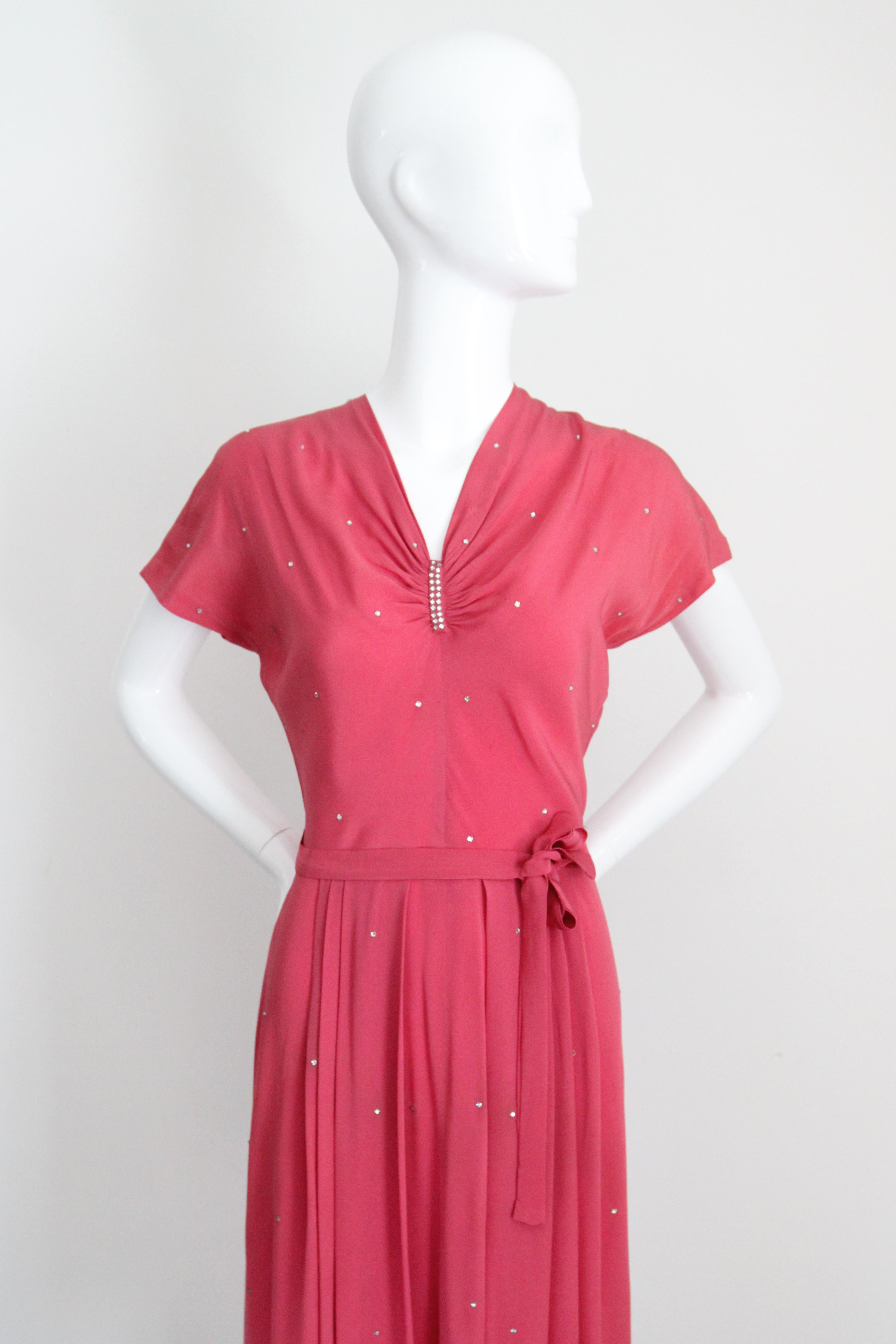 Pink Vintage 1940's pink silk rhinestone embellished dress 1940's cocktail UK 10 US 6 For Sale