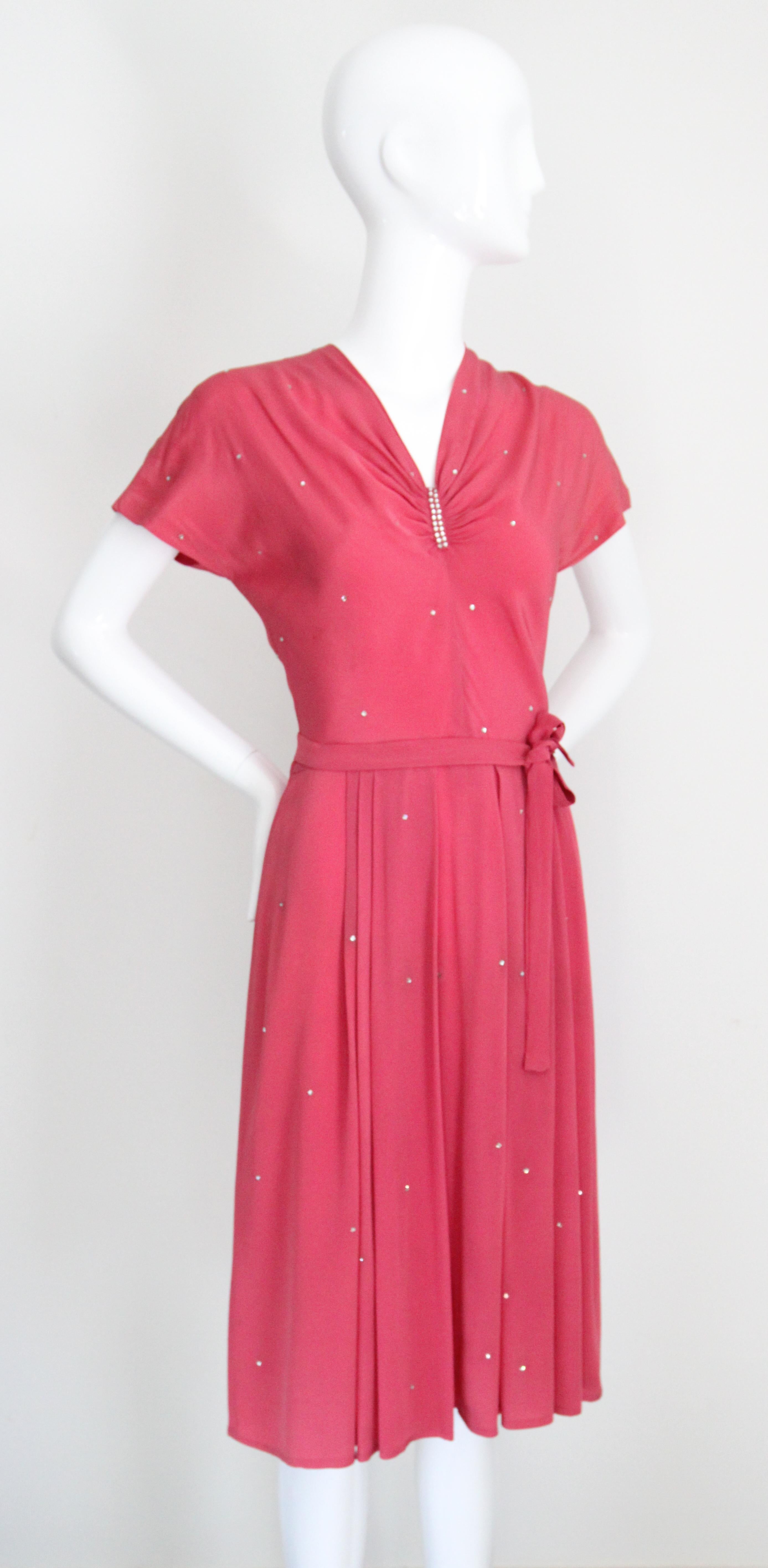 Women's Vintage 1940's pink silk rhinestone embellished dress 1940's cocktail UK 10 US 6 For Sale