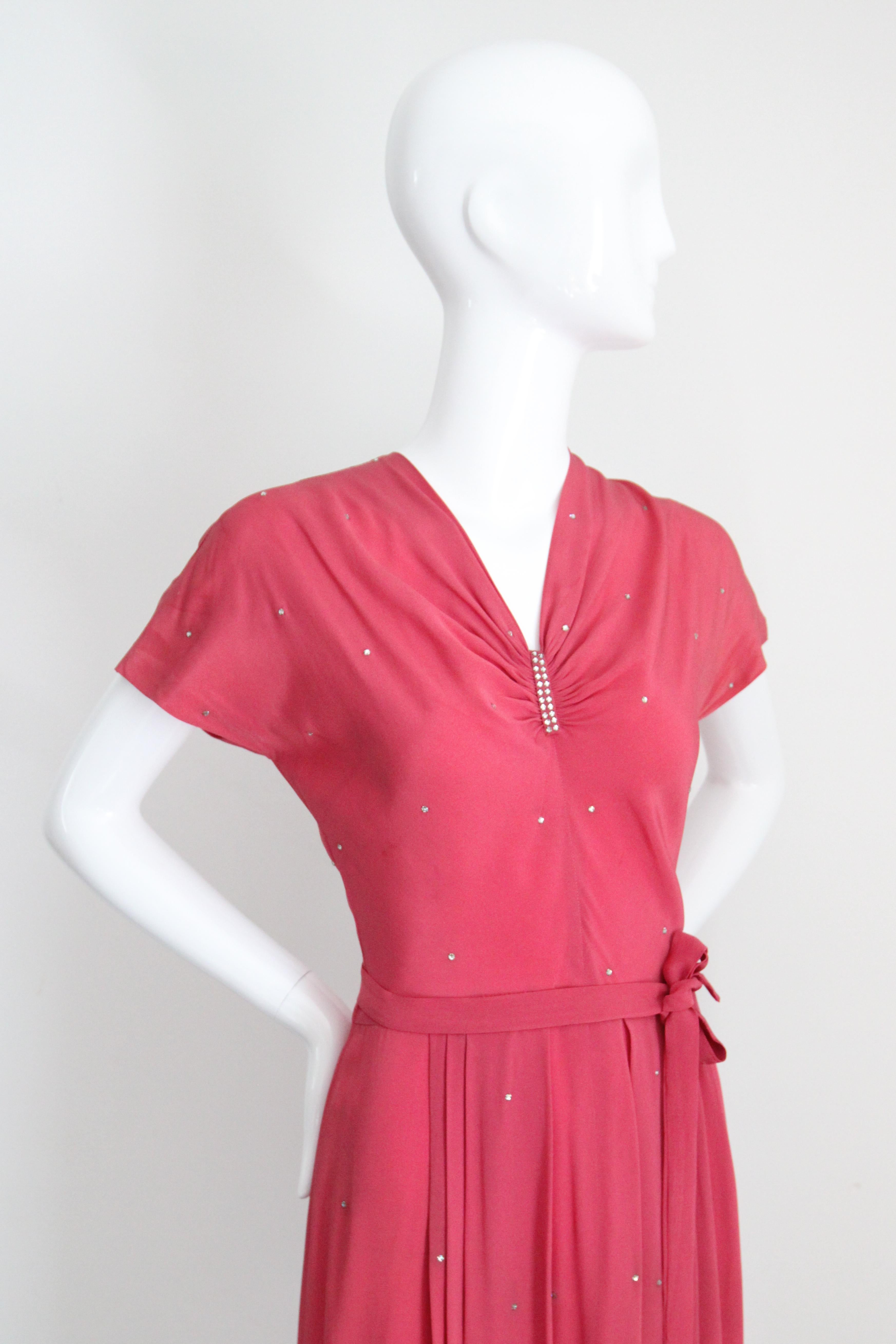 Vintage 1940's pink silk rhinestone embellished dress 1940's cocktail UK 10 US 6 For Sale 1