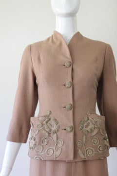 Vintage 1940's Pink Wool Skirt Suit Floral Soutache Embroidery US 2 UK 6
