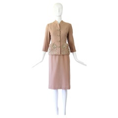 Vintage 1940's Pink Wool Skirt Suit Floral Soutache Embroidery US 2 UK 6