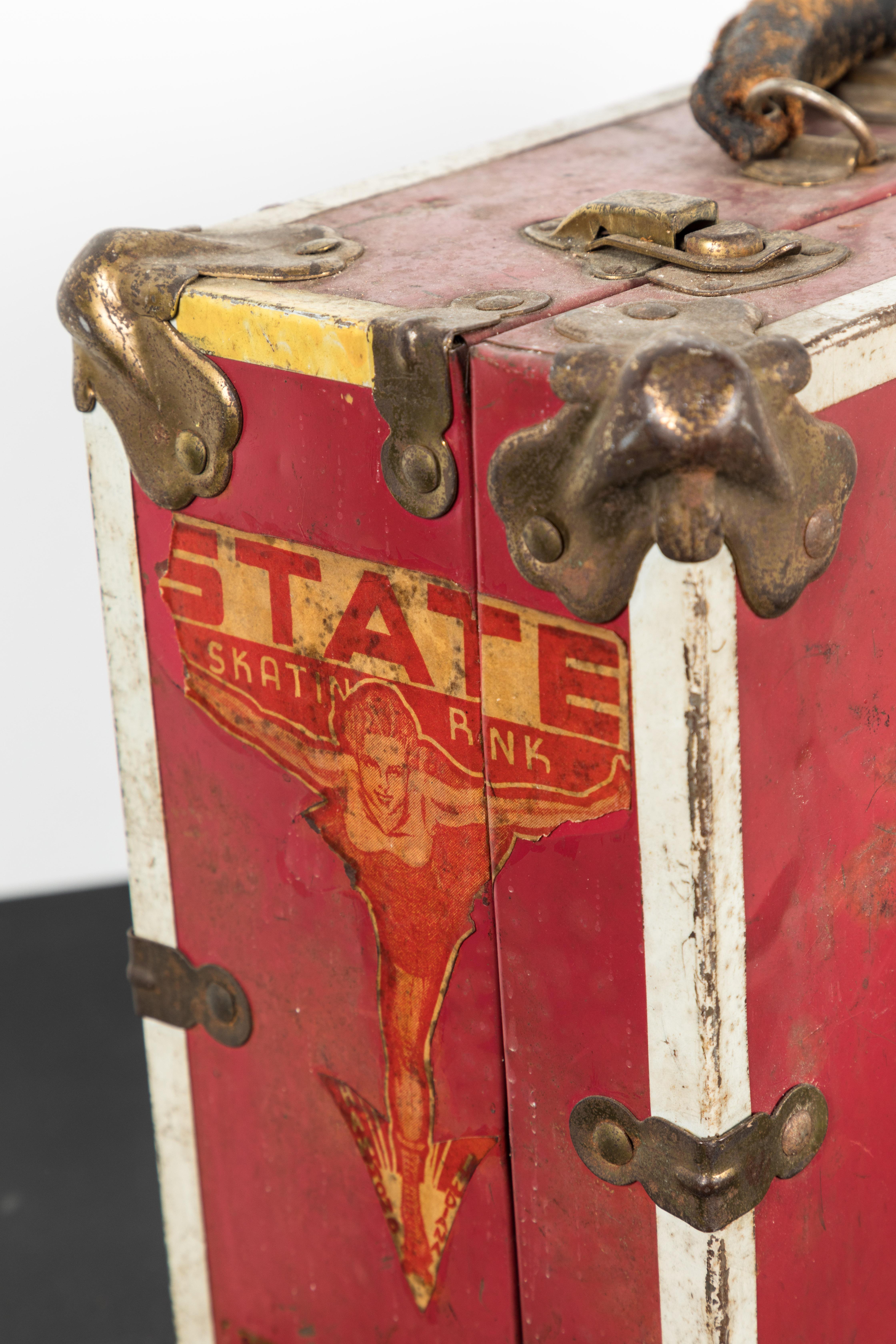 Fantastic pinup images and vintage roller-skating decals. Vintage roller derby skate carrying case. Great visual. Multiple vintage decals from 1940s Illinois roller rinks.
