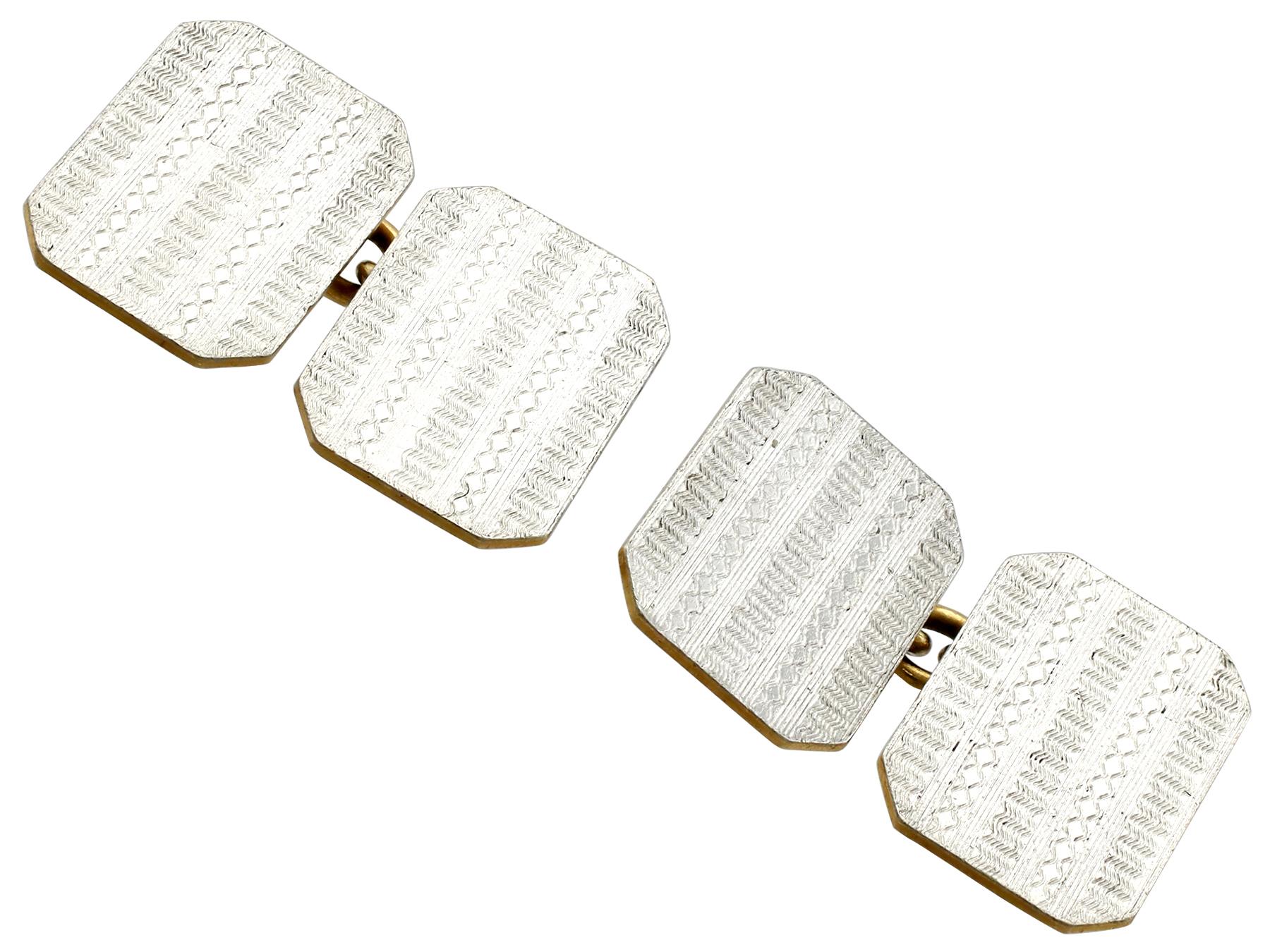 A fine pair of vintage English 18 karat yellow gold and platinum cufflinks; part of our diverse vintage jewelry and estate jewelry collections.

These vintage cufflinks have been crafted in 18k yellow gold and platinum.

The cufflinks have a