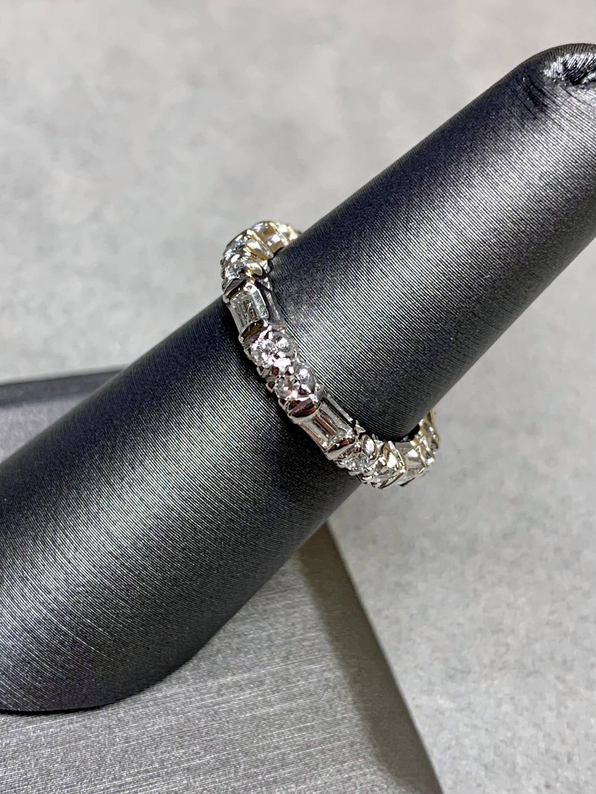 Art Deco Vintage 1940’s Platinum Baguette Round Diamond Eternity Band 2.70mm Sz 6.5 For Sale