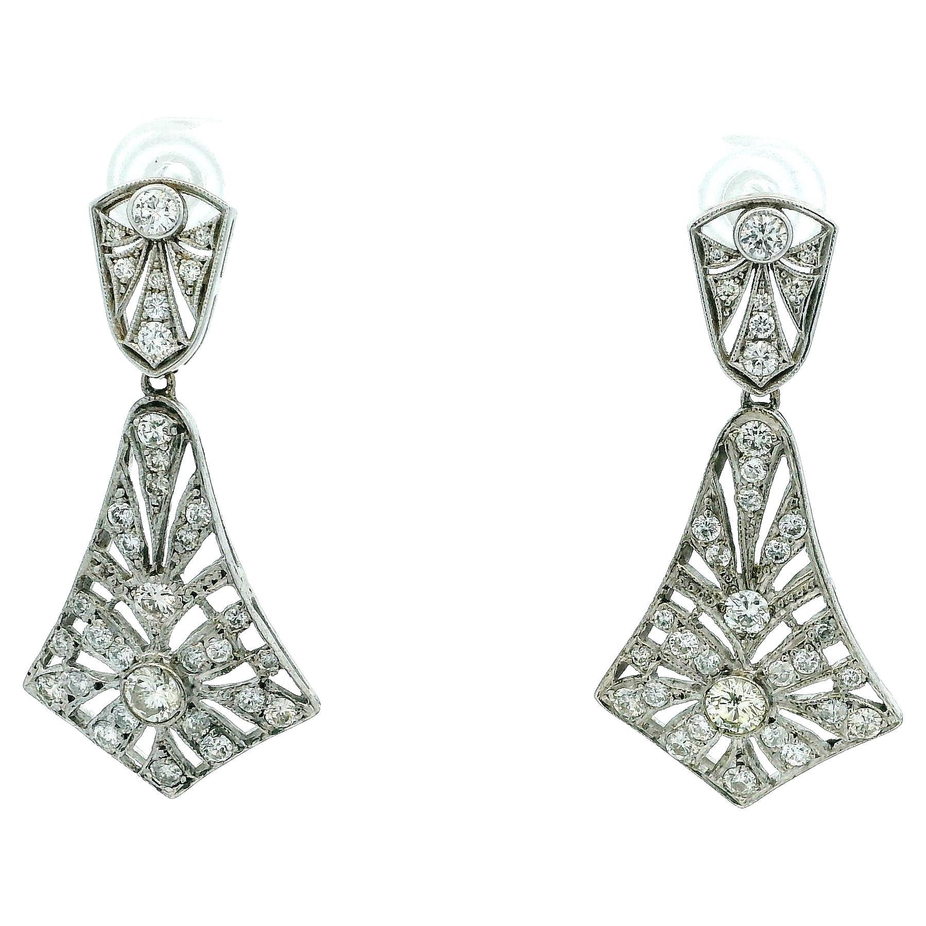 Vintage Platinum Diamond Drop Earrings, 3.00 Ct, Art Deco Style, Circa 1940