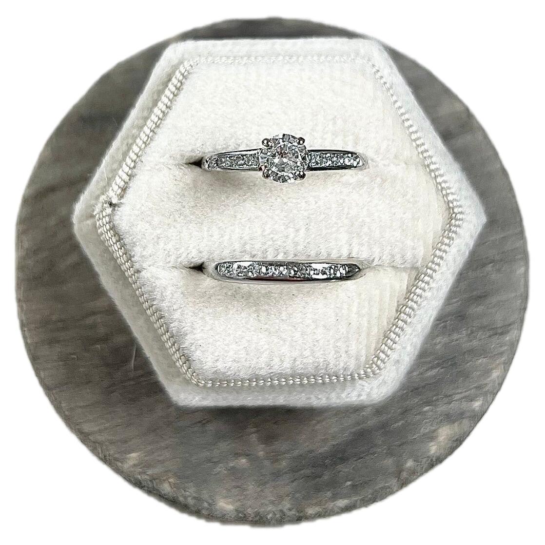 Vintage 1940s, Platinum Diamond Engagement & Wedding Band Bridal Ring Set For Sale