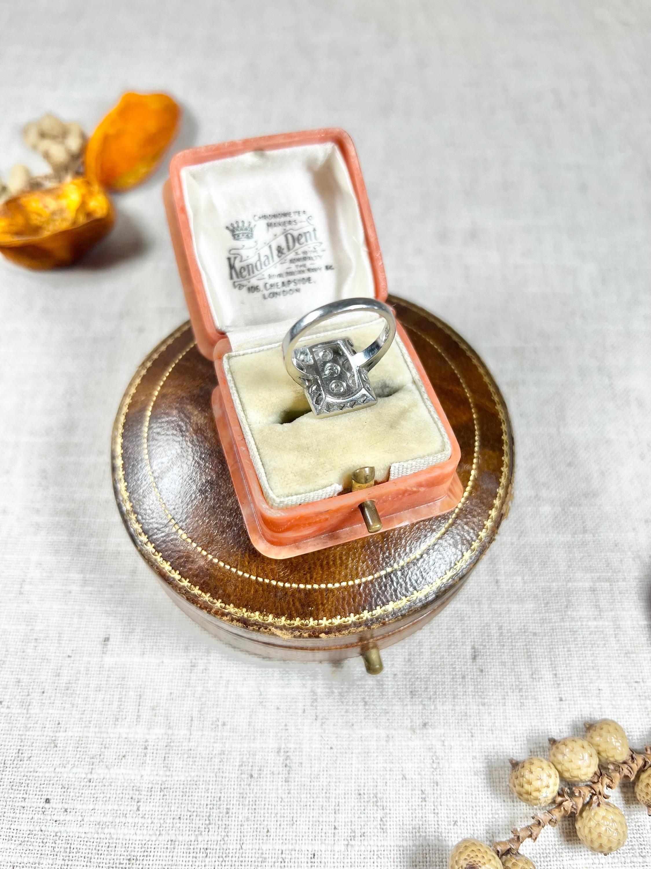 Vintage Diamond Ring

Platinum Stamped 

Circa 1940s 

This platinum, vintage diamond ring boasts a fabulous plaque design set with dazzling, white, clean diamonds. Estimated colour F and VS clarity this vintage beauty showcases the exquisite