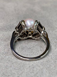 Vintage 1940’s Platinum Geometric Pearl Baguette Round Diamond Cocktail Ring