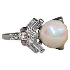 Vintage 1940’s Platinum Geometric Pearl Baguette Round Diamond Cocktail Ring