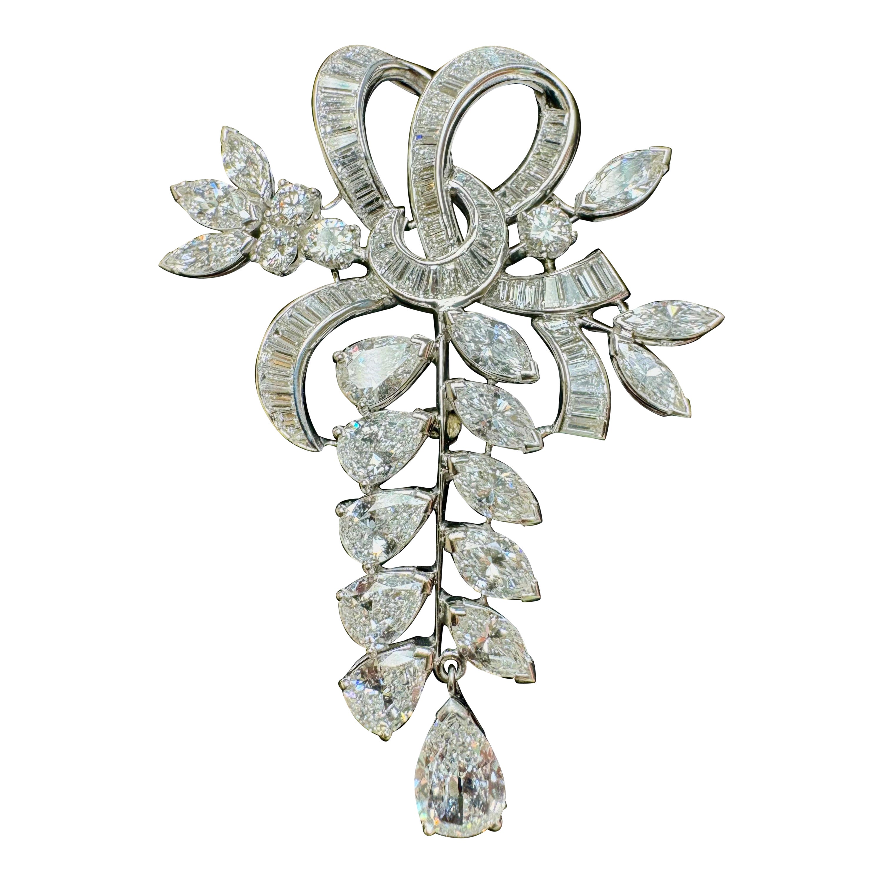 Vintage 1940s Platinum Old Euro Pear Shape 15 Carat Diamond Brooch