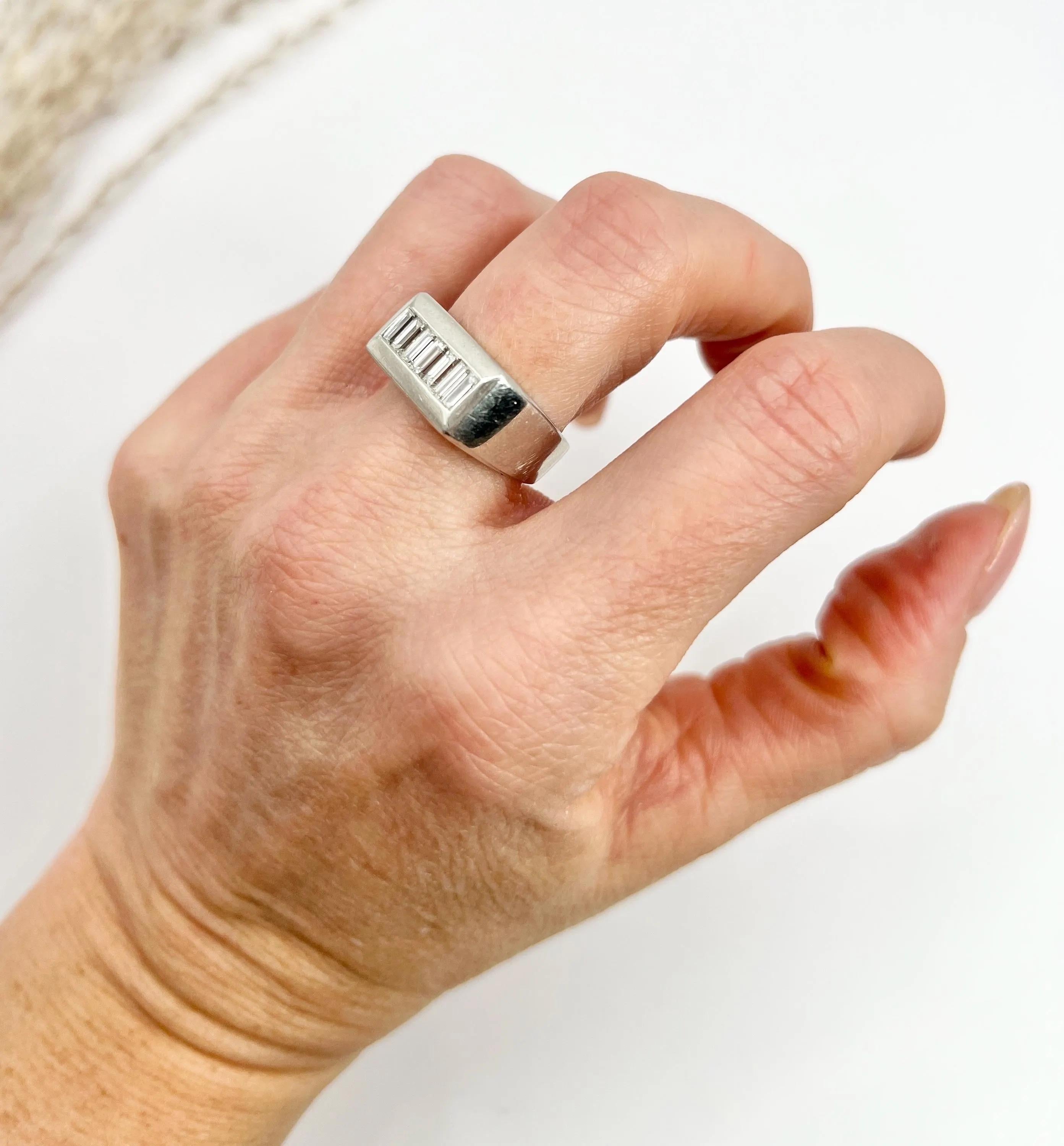 Vintage 1940s Platinum, Rectangular Baguette Diamond Tank Ring For Sale 4