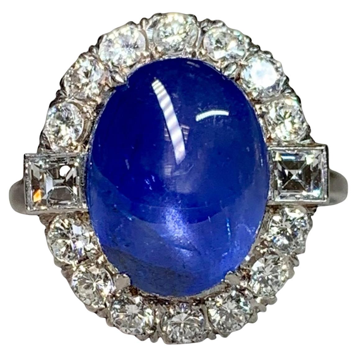 Vintage 1940’s Platinum Royal Blue Star Sapphire Carré Diamond Ring 8.30ctw For Sale