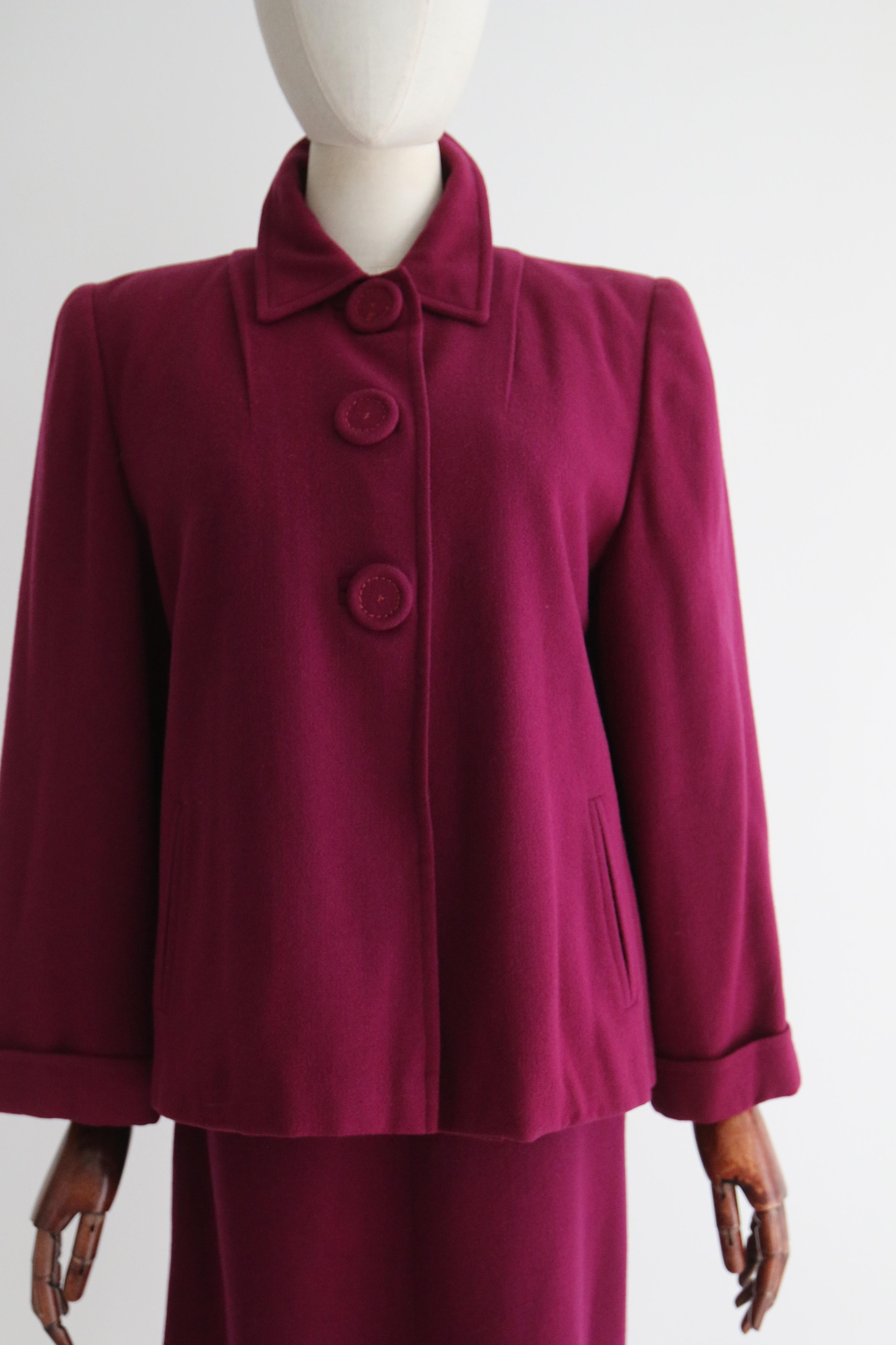 Red Vintage 1940's Plum Three Piece Wool Suit UK 10-12 US 6-8 For Sale