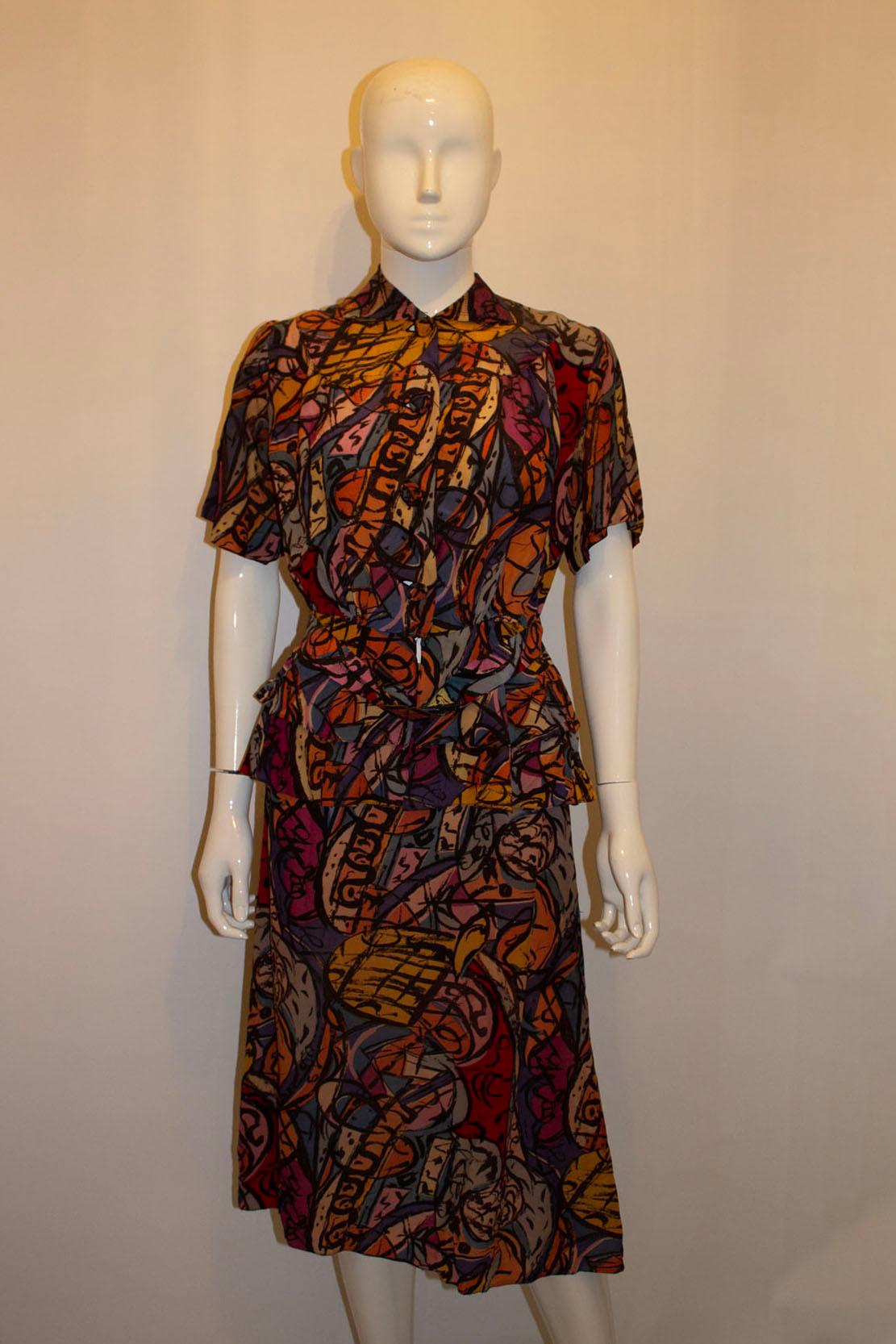 Black Vintage 1940s Print Skirt Suit with Attractive Belt