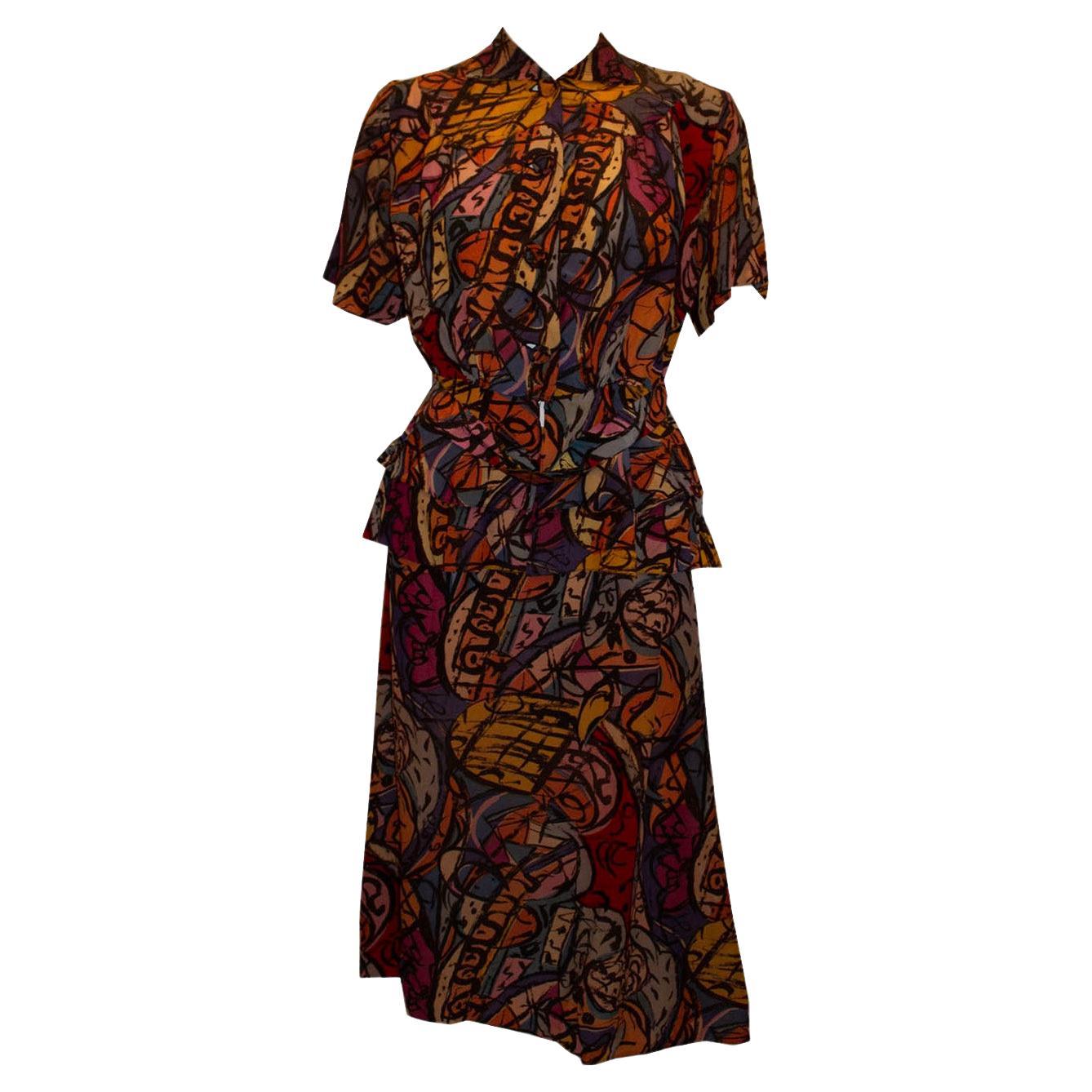 Vintage 1940s Print Skirt Suit with Attractive Belt For Sale