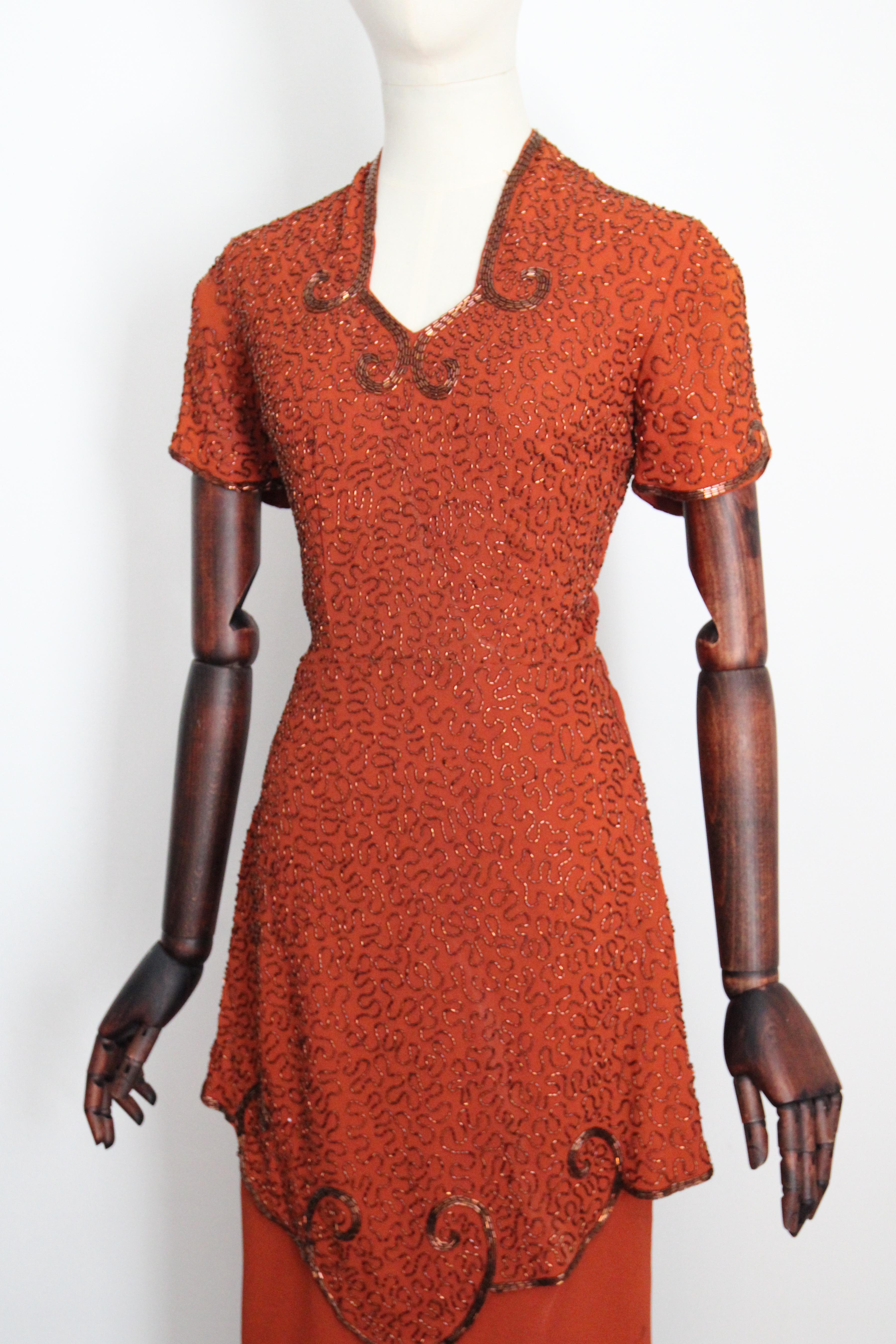 Vintage 1940's pumpkin crepe silk bronze beaded peplum dress cocktail dress UK 8 5