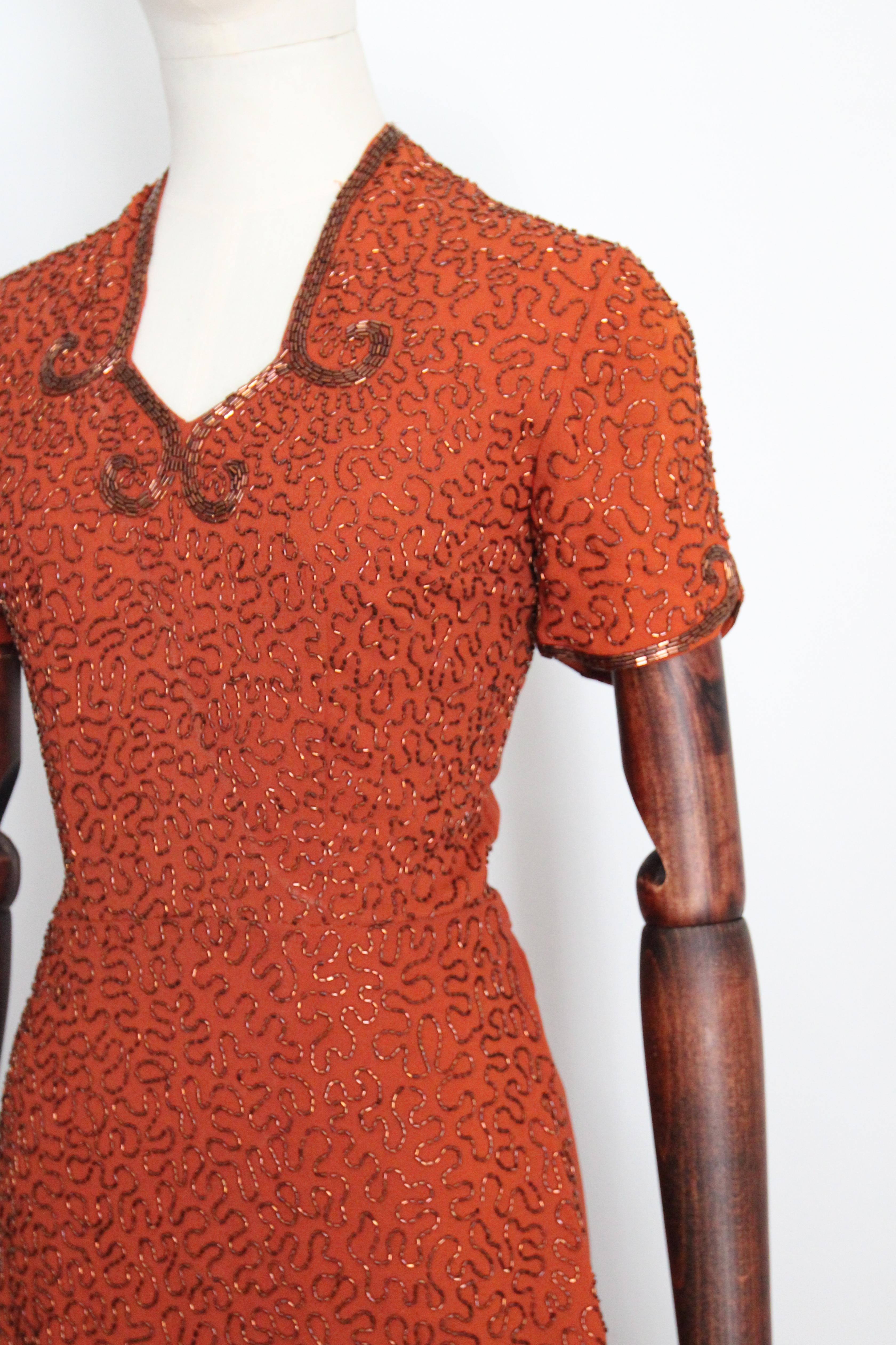 Vintage 1940's pumpkin crepe silk bronze beaded peplum dress cocktail dress UK 8 6