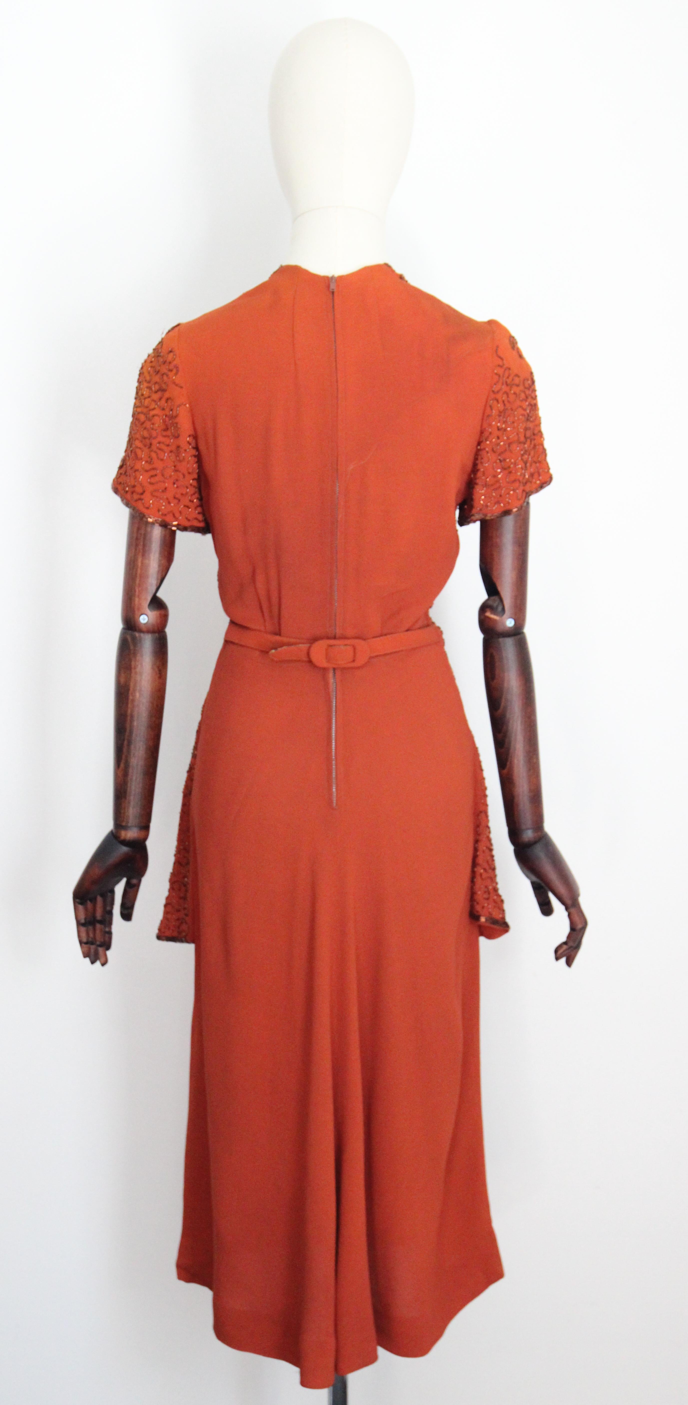 Vintage 1940's pumpkin crepe silk bronze beaded peplum dress cocktail dress UK 8 7