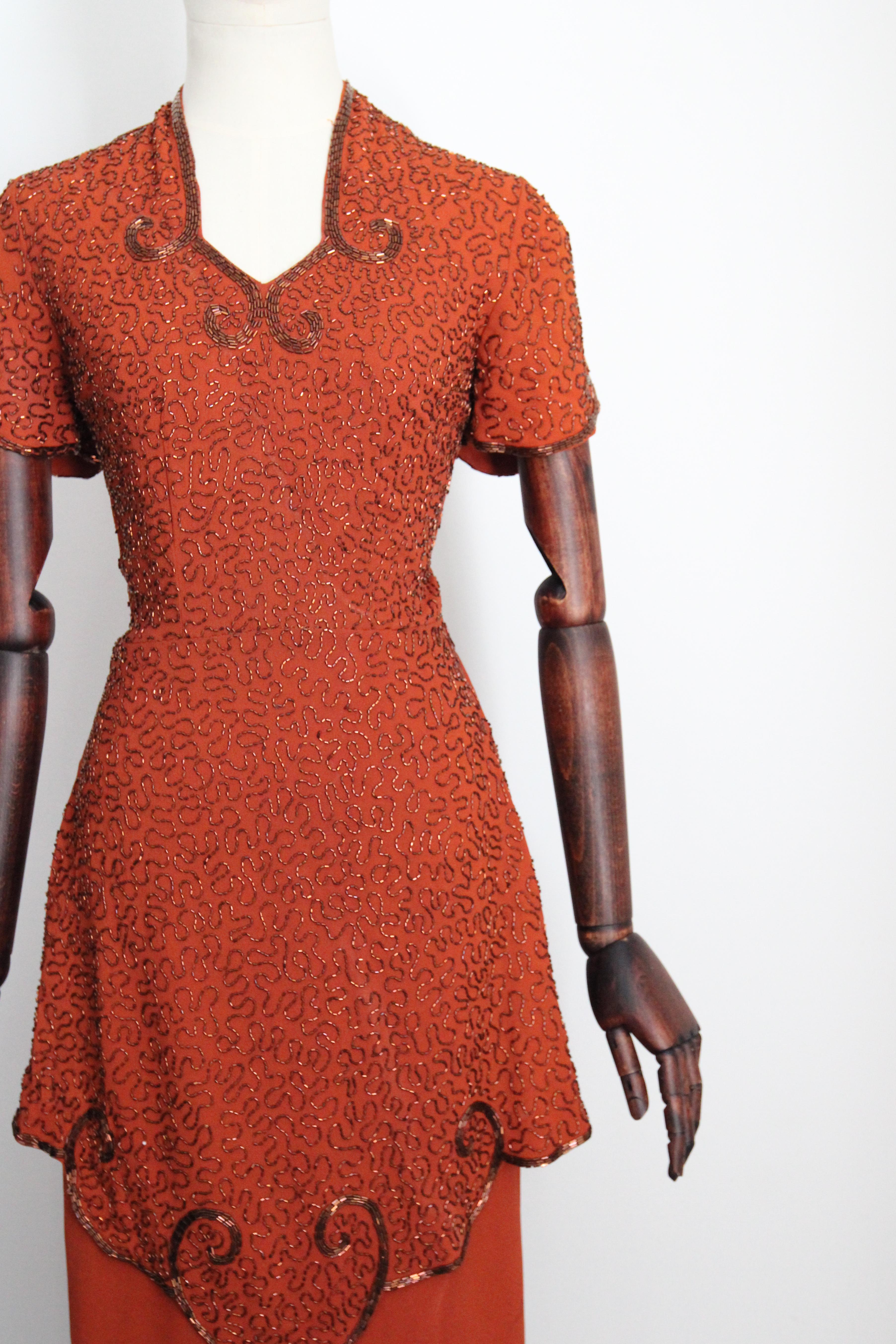 Brown Vintage 1940's pumpkin crepe silk bronze beaded peplum dress cocktail dress UK 8