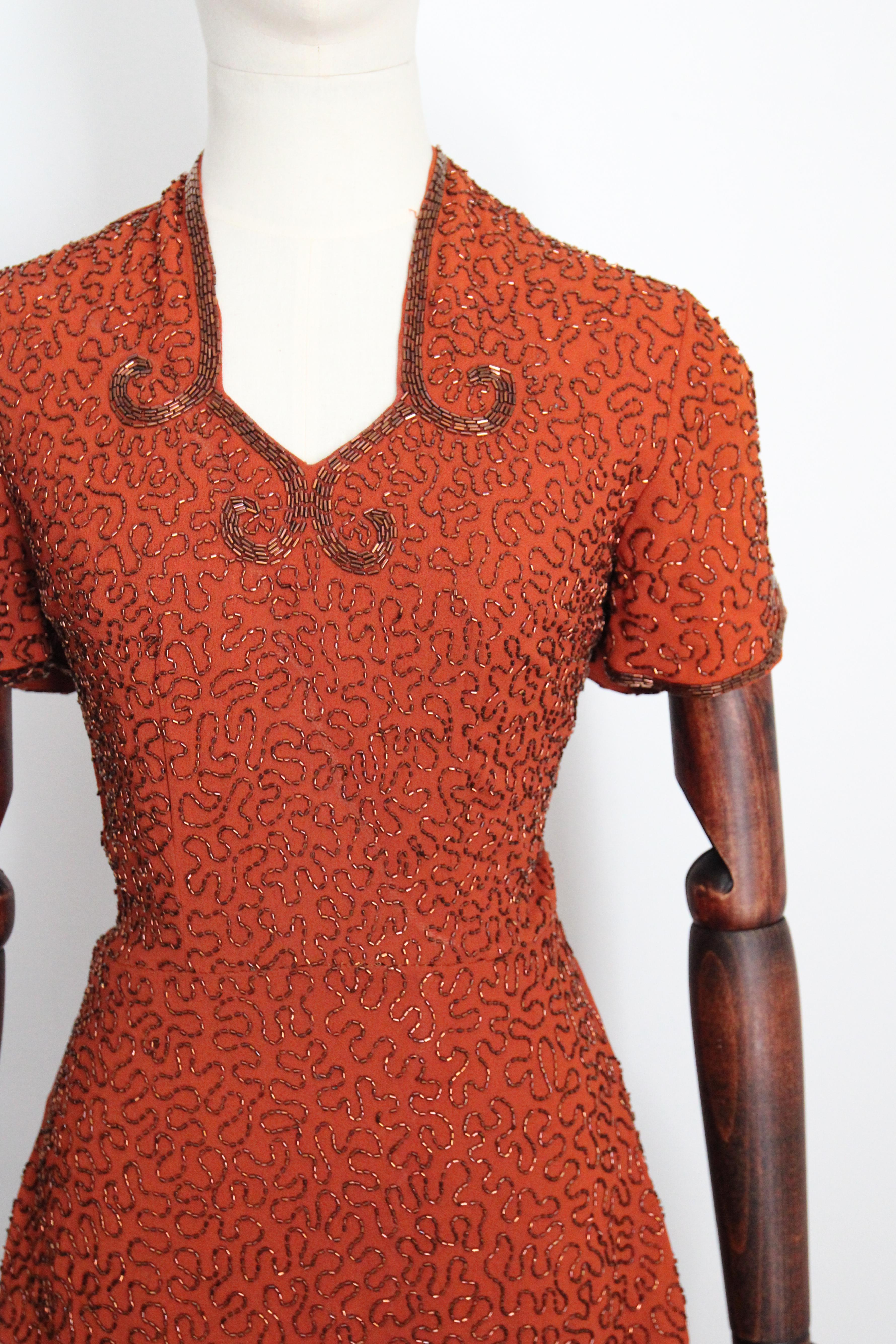 Vintage 1940's pumpkin crepe silk bronze beaded peplum dress cocktail dress UK 8 In Good Condition In Cheltenham, GB