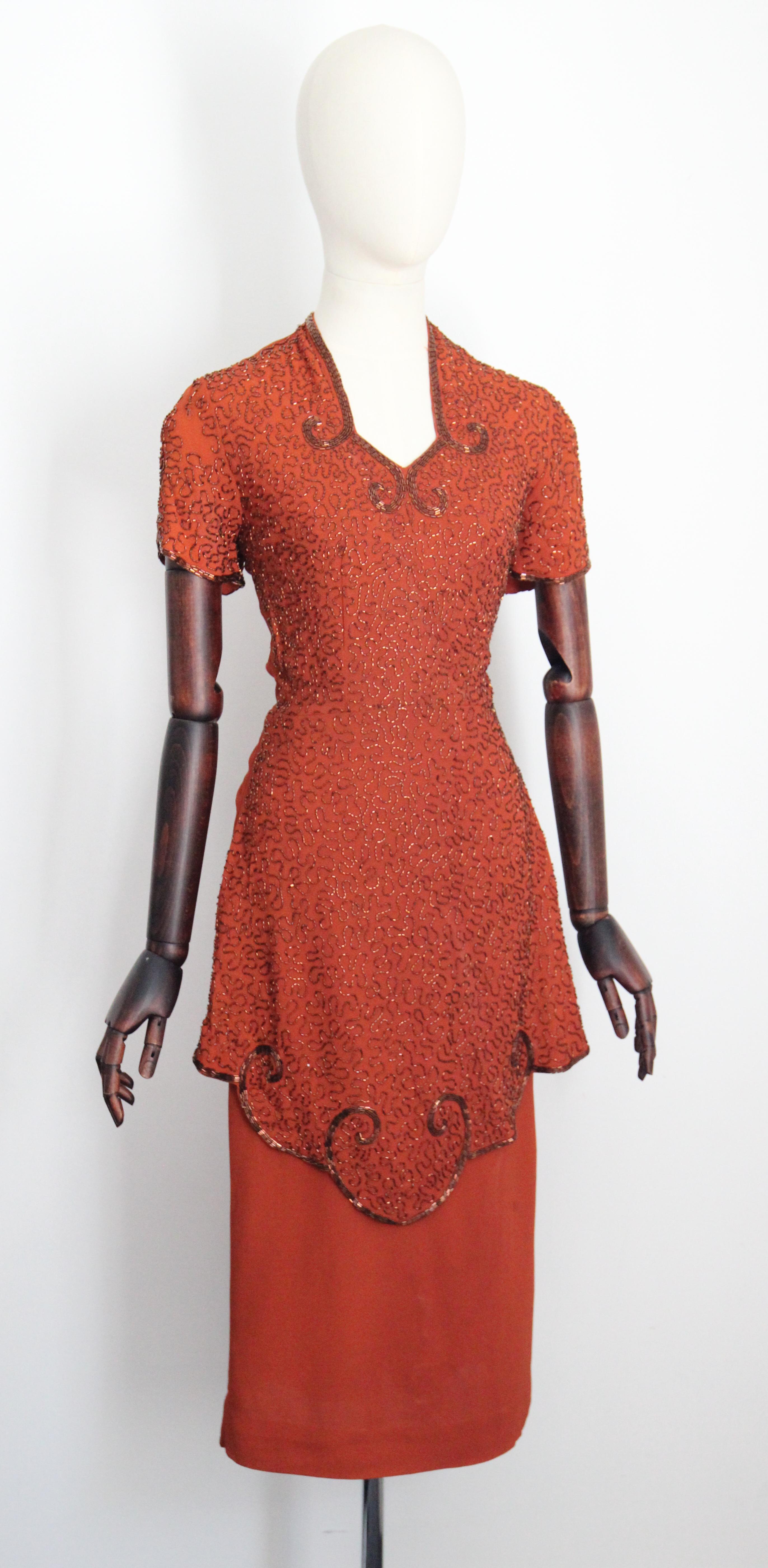 Women's Vintage 1940's pumpkin crepe silk bronze beaded peplum dress cocktail dress UK 8