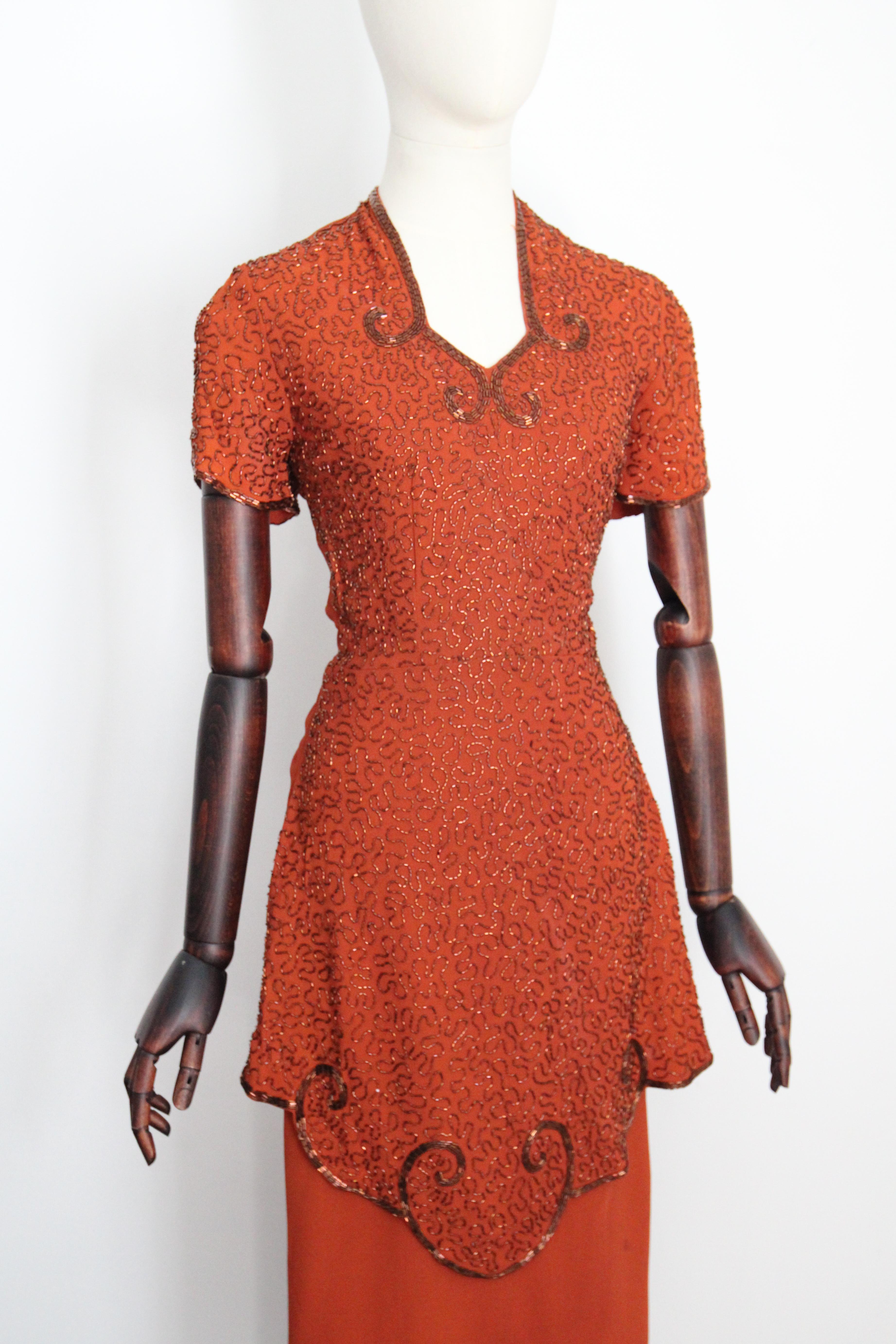 Vintage 1940's pumpkin crepe silk bronze beaded peplum dress cocktail dress UK 8 1