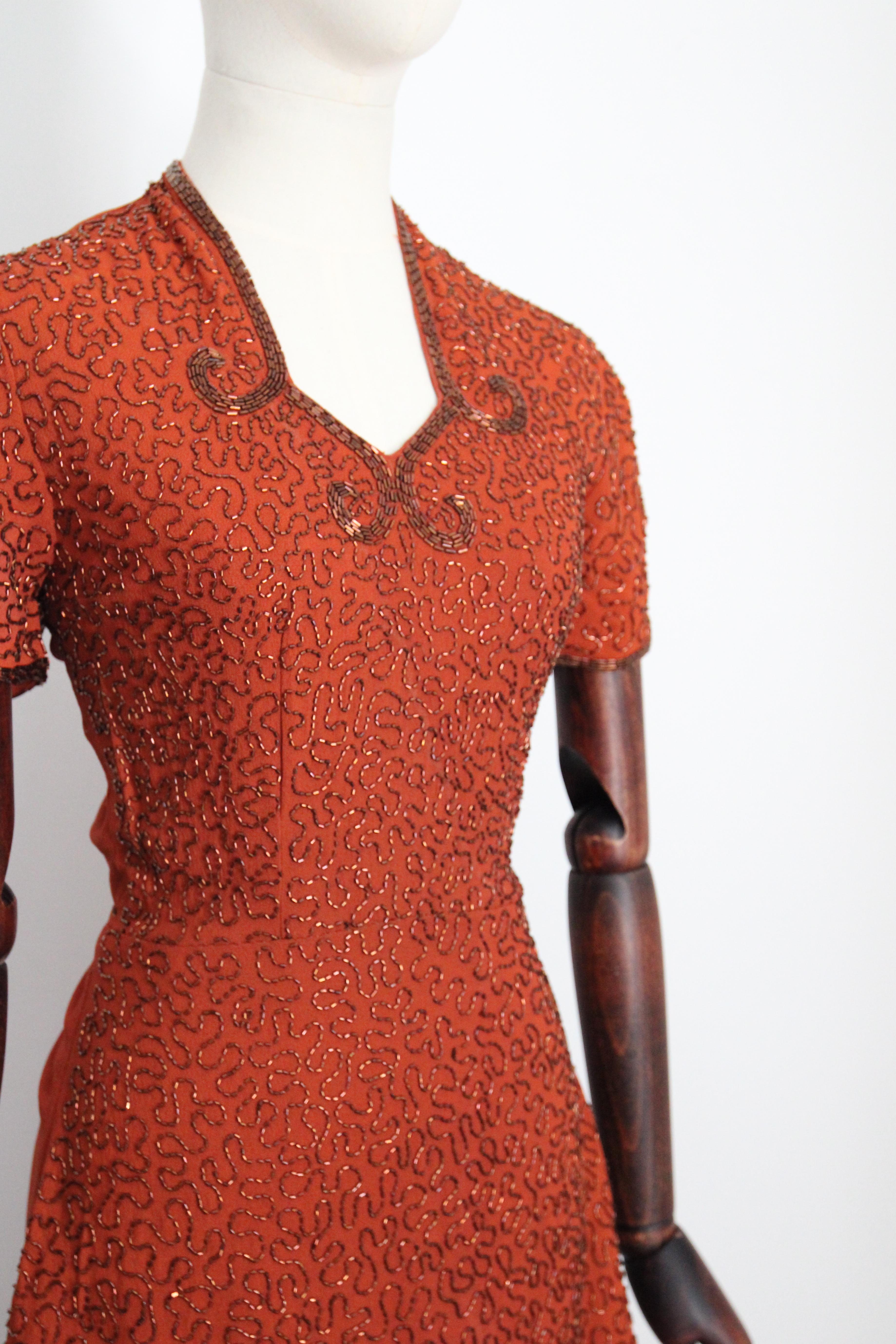 Vintage 1940's pumpkin crepe silk bronze beaded peplum dress cocktail dress UK 8 2