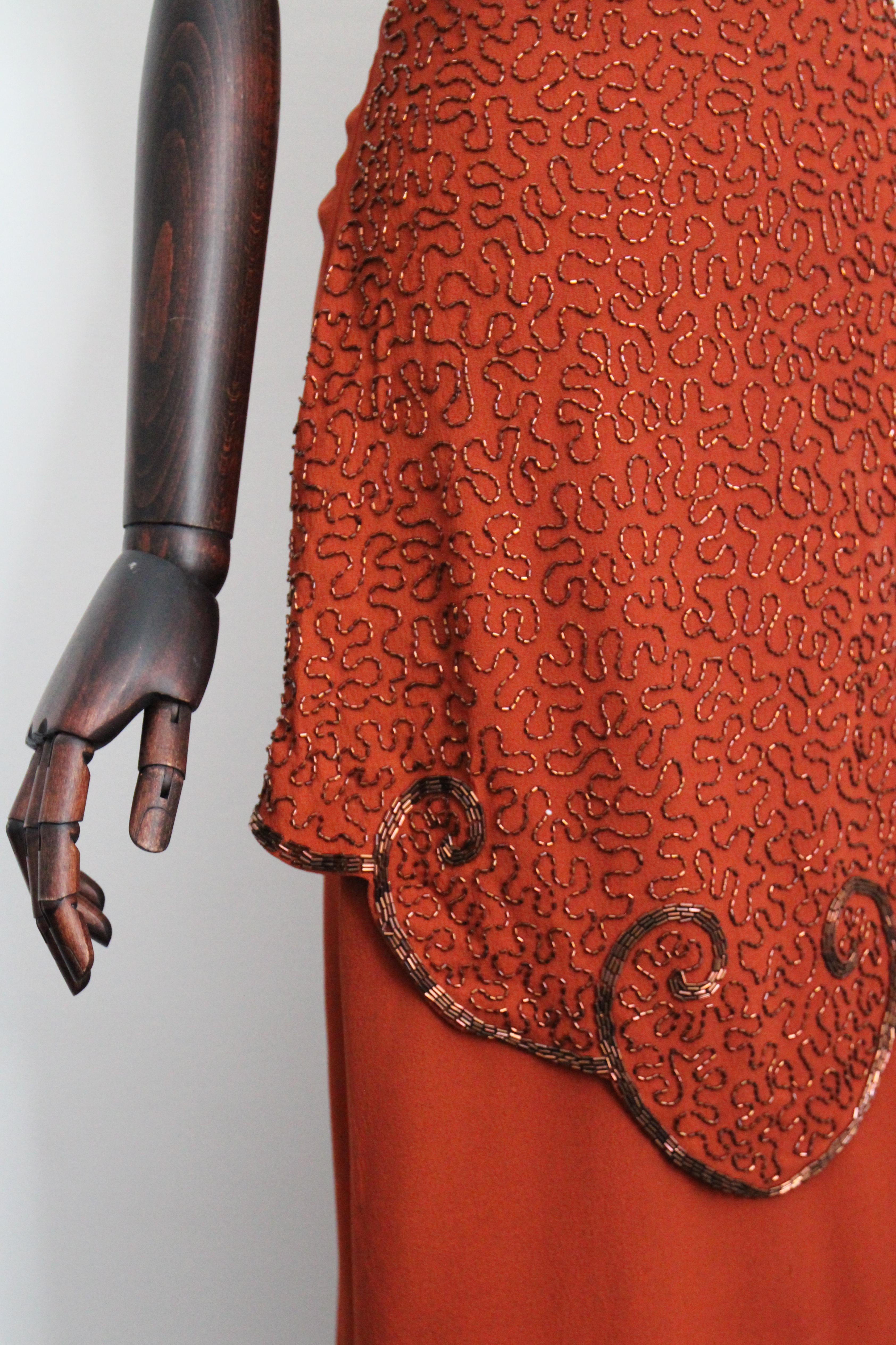 Vintage 1940's pumpkin crepe silk bronze beaded peplum dress cocktail dress UK 8 3