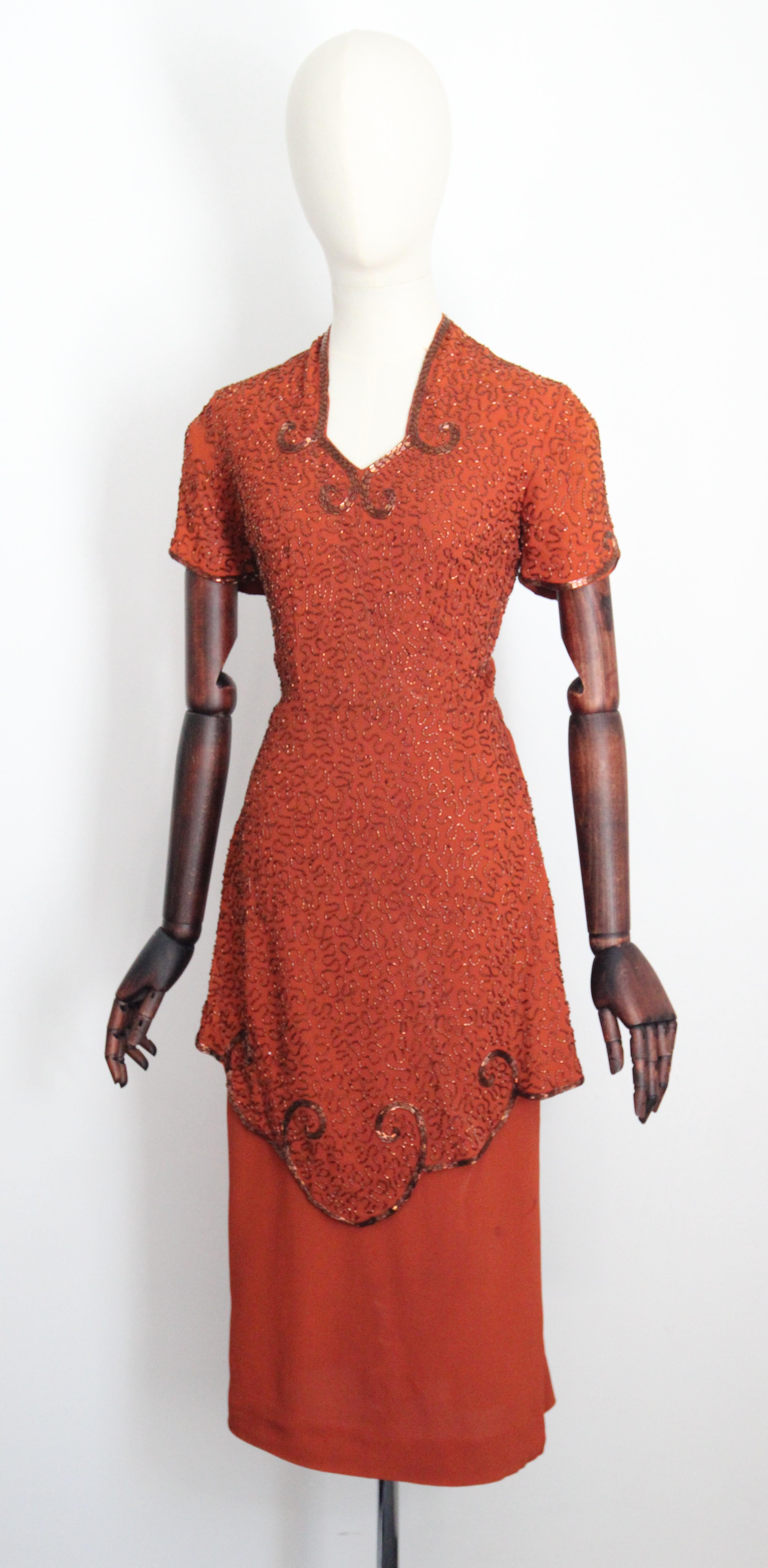 Vintage 1940's pumpkin crepe silk bronze beaded peplum dress cocktail dress UK 8 4