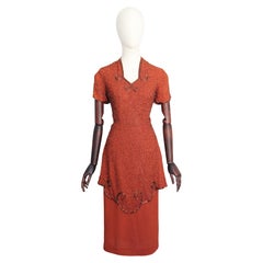 Vintage 1940's pumpkin crepe silk bronze beaded peplum dress cocktail dress UK 8