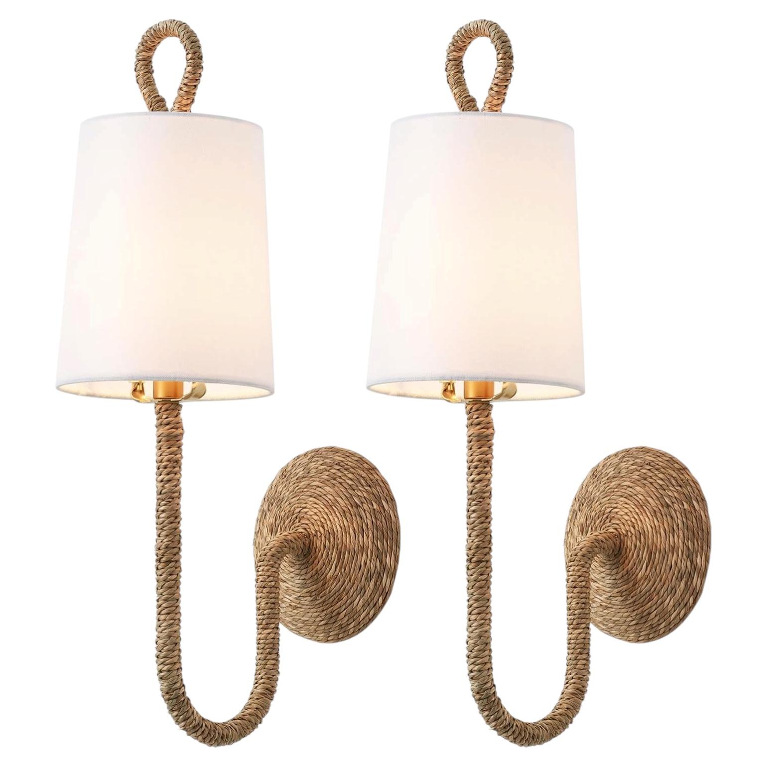1940s Vintage Wall Sconces, Hand-Woven Rattan & Iron, Set of Two