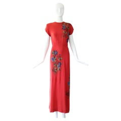 Robe de soirée Vintage 1940s rouge en crêpe de soie avec fleurs et perles Robe 1940s US 6 UK 10