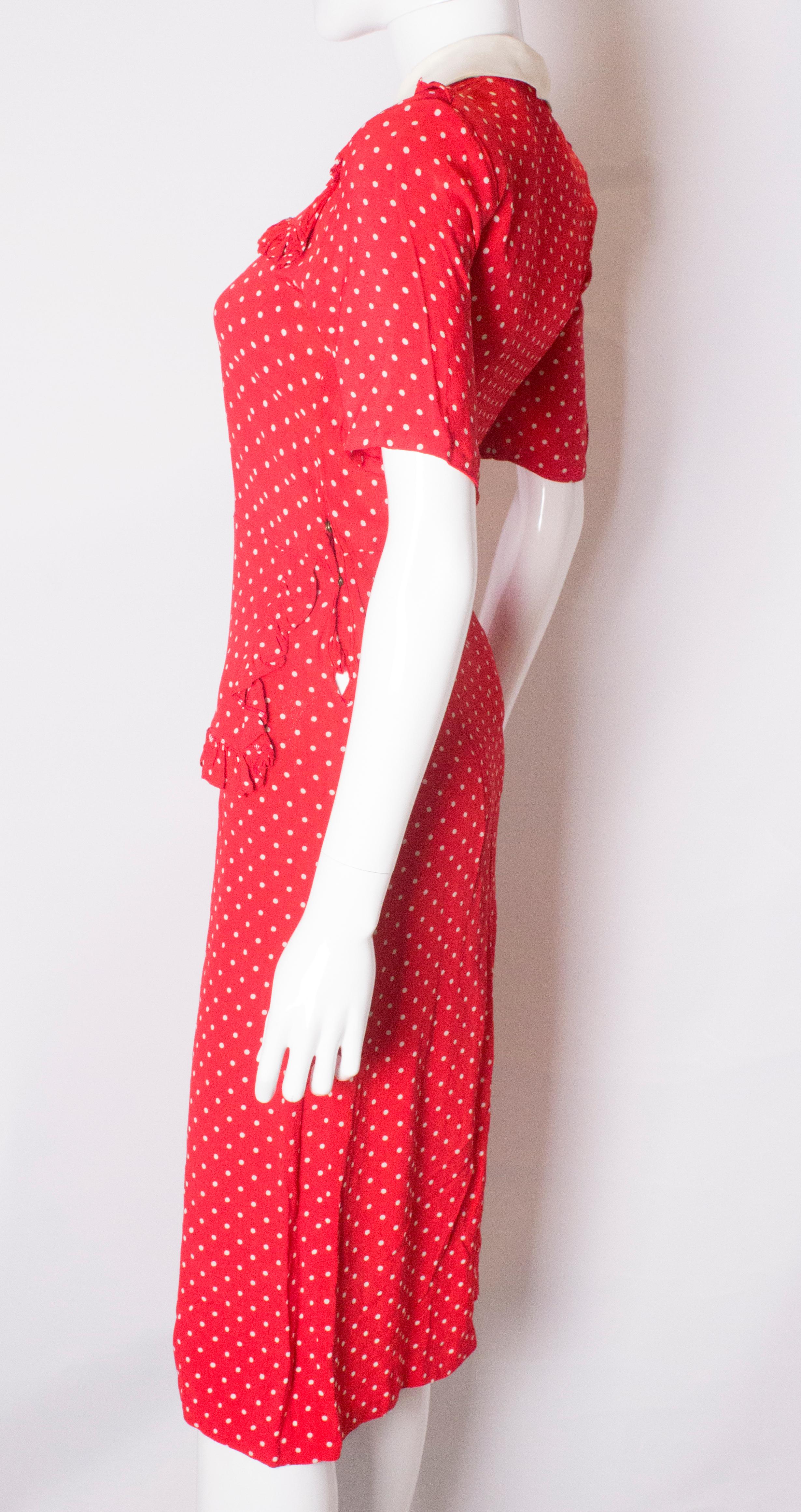 Vintage 1940s Red Polka Dot Dress with Frill Trim In Good Condition In London, GB