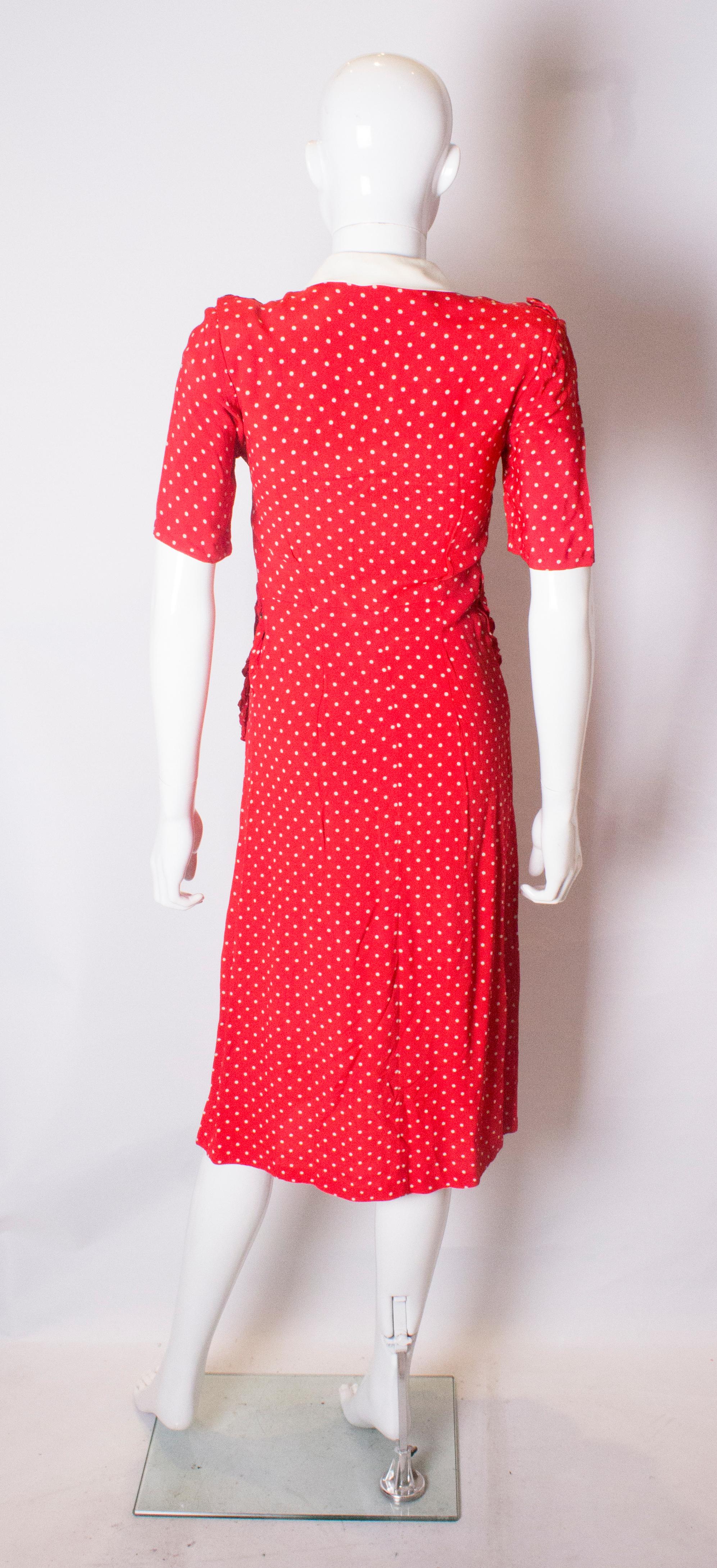 Women's Vintage 1940s Red Polka Dot Dress with Frill Trim