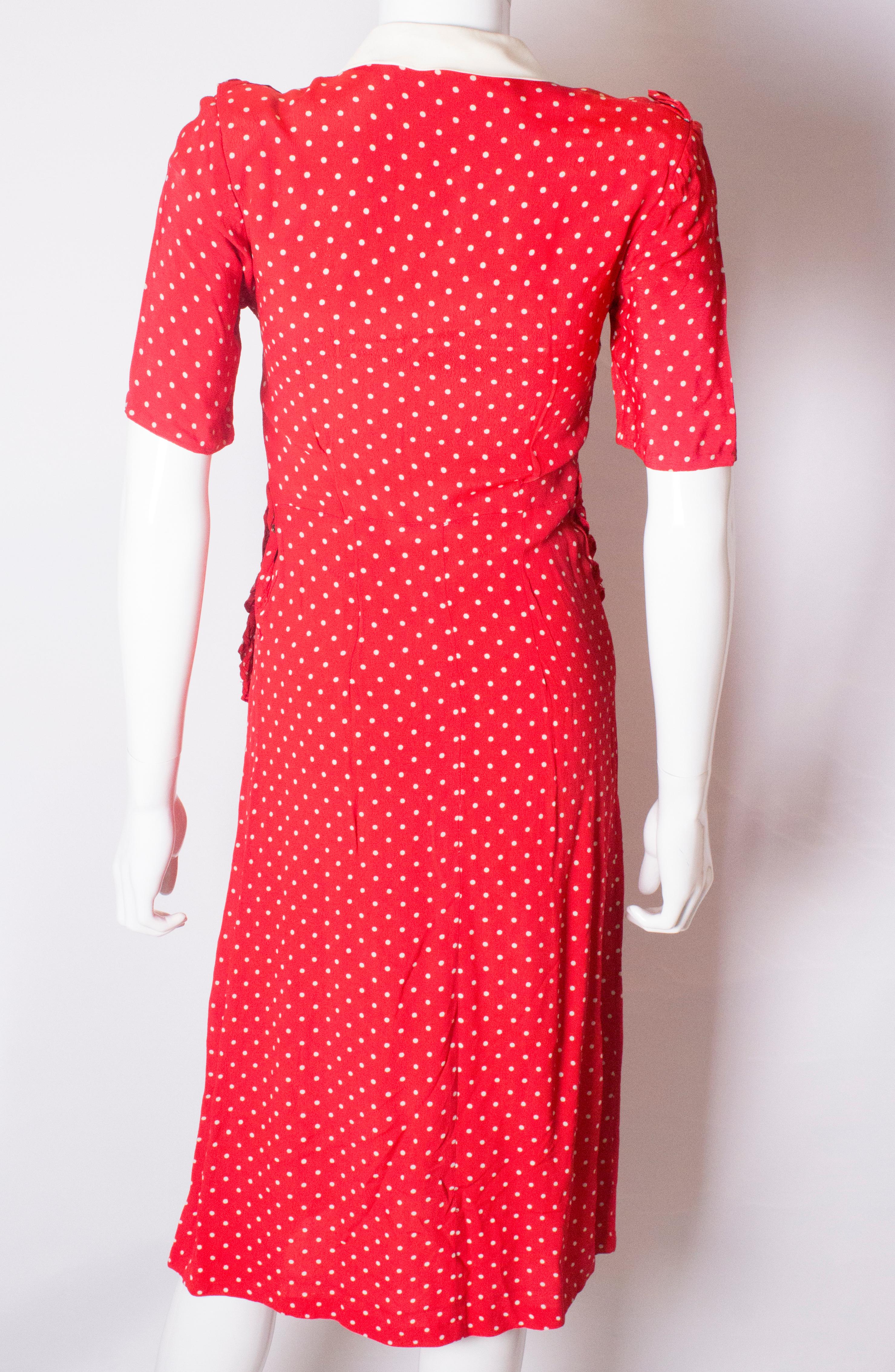 Vintage 1940s Red Polka Dot Dress with Frill Trim 1