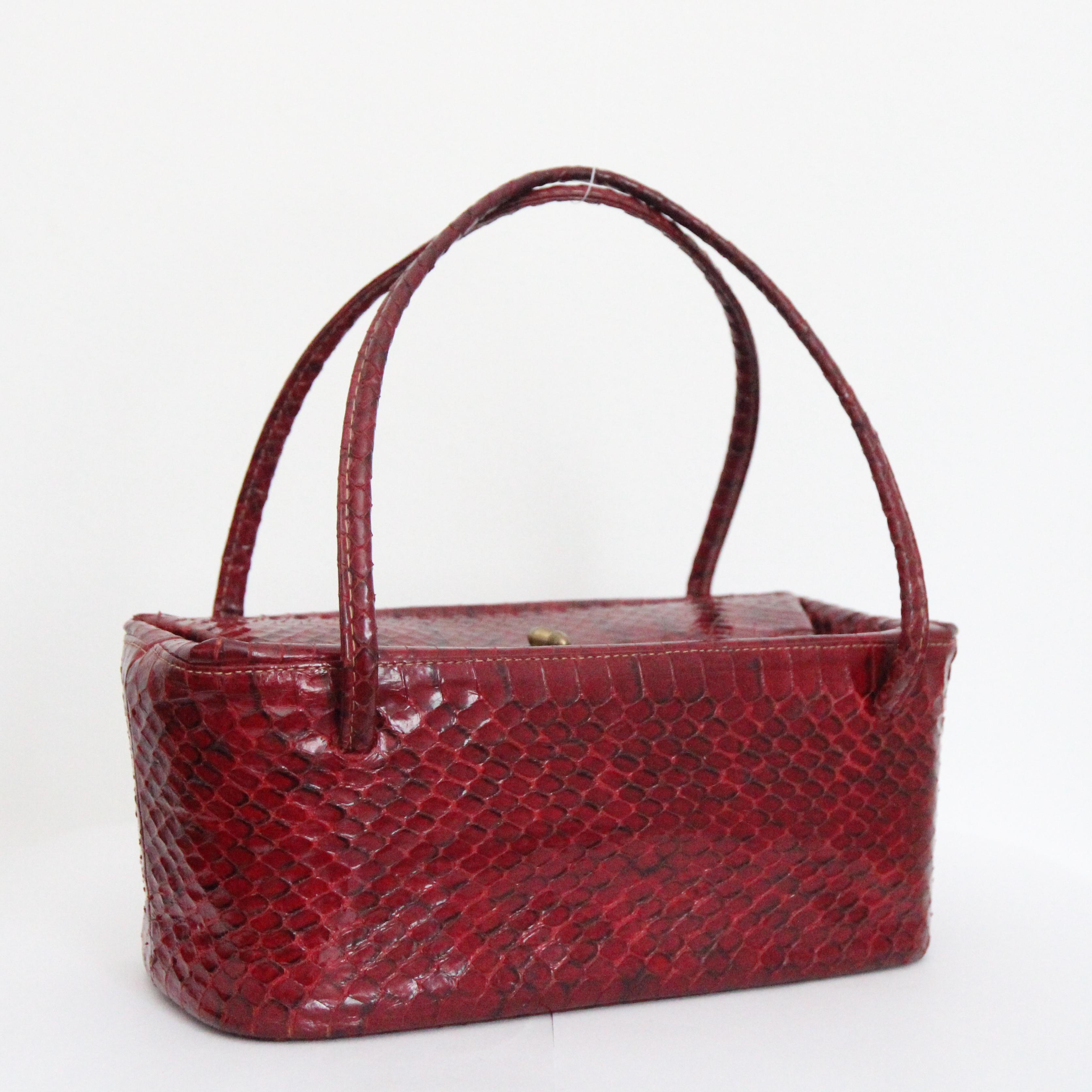 Brown Vintage 1940's Red Snake Skin Box Bag original 1940's Snake Skin Handbag Purse For Sale